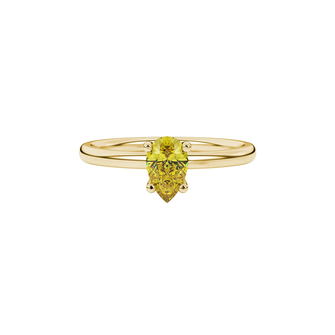 Close-up, pear shape canary yellow gemstone, yellow gold four-prong ring.