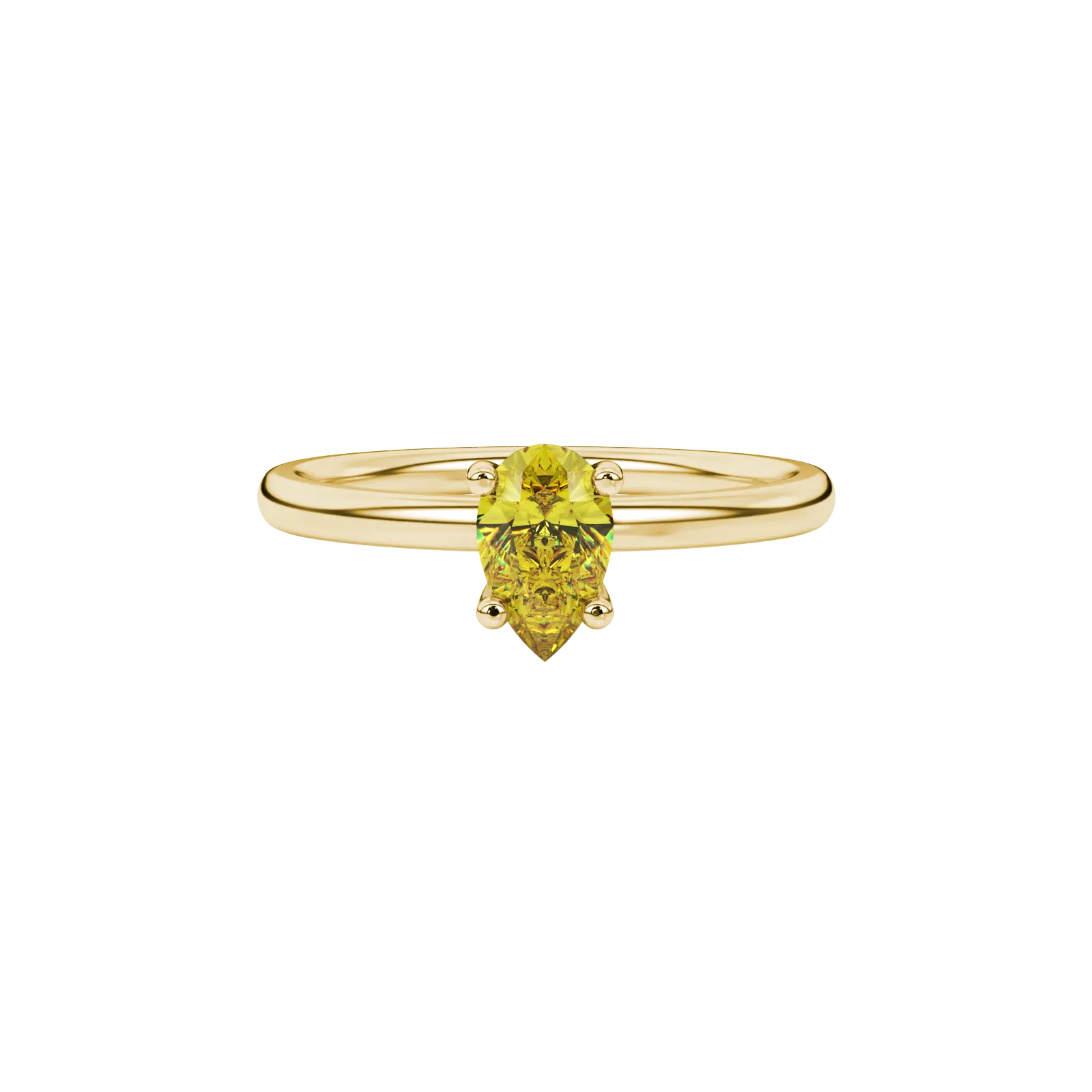 Close-up, pear shape canary yellow gemstone, yellow gold four-prong ring.