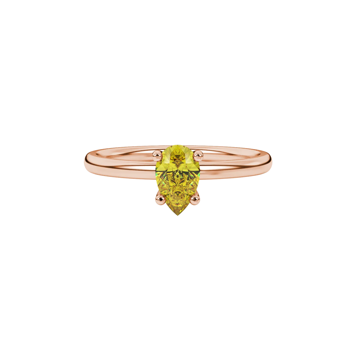 Close-up, pear shape canary yellow gemstone ring, rose gold four-prong setting.