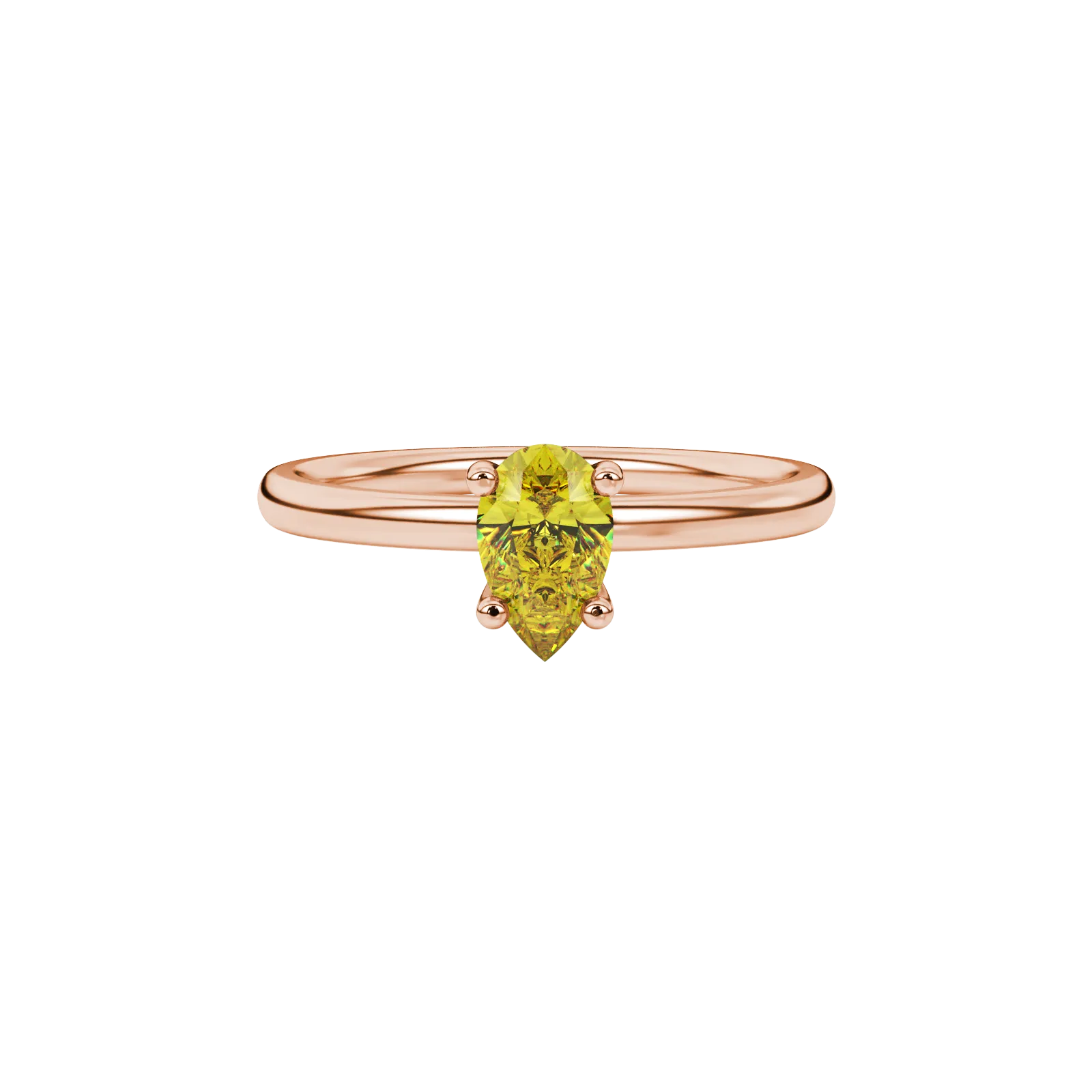 Close-up, pear shape canary yellow gemstone ring, rose gold four-prong setting.