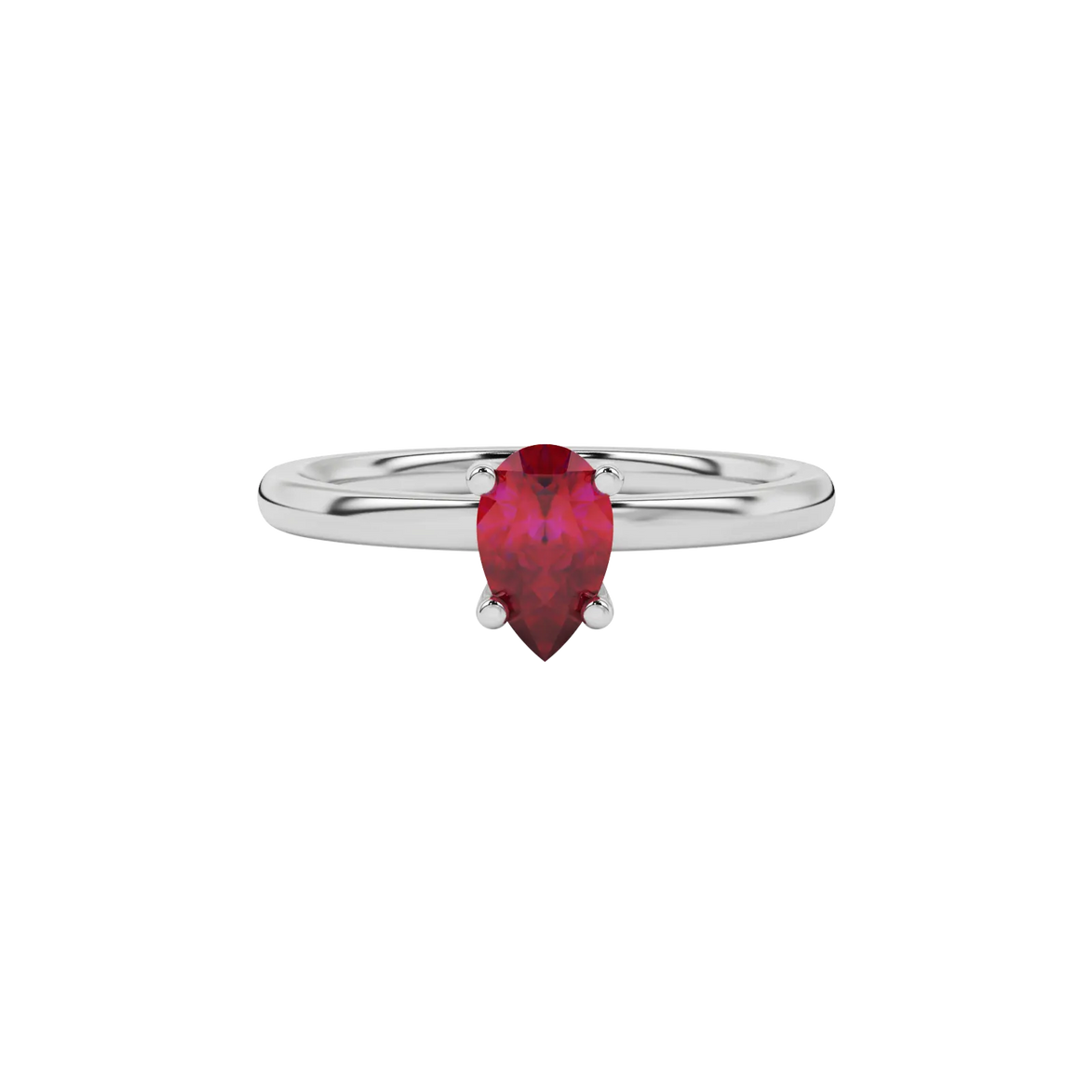 Close-up raspberry red gemstone ring, white gold four-prong setting.