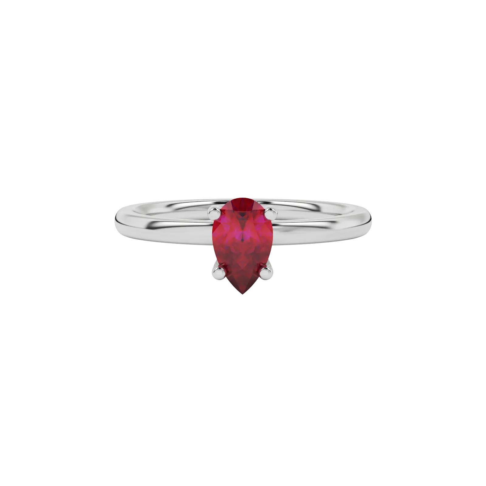 Close-up raspberry red gemstone ring, white gold four-prong setting.