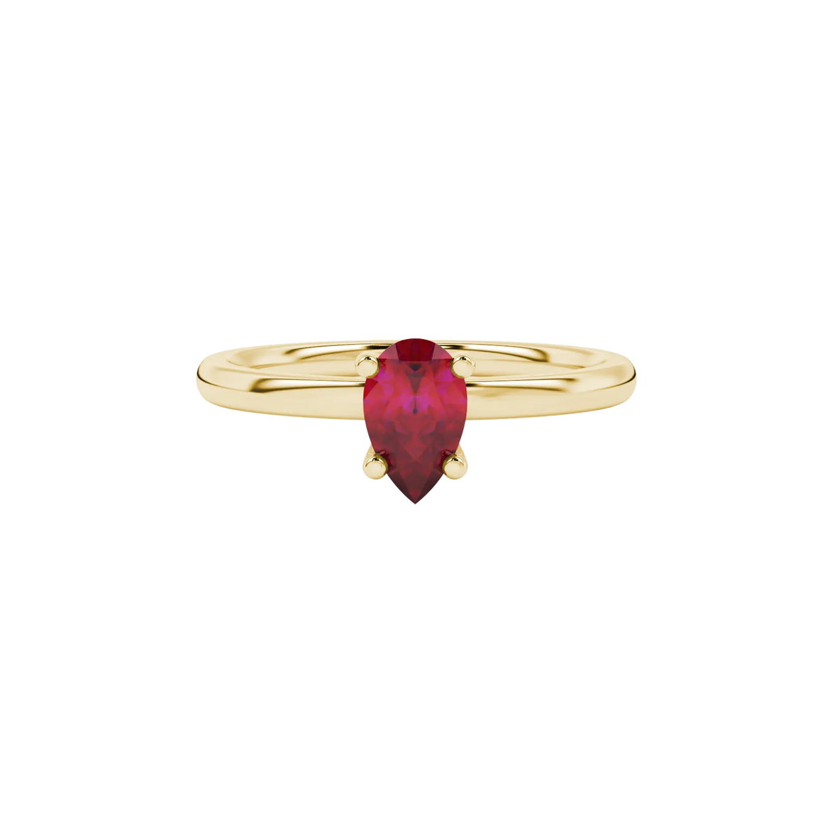 Close-up, pear shape raspberry red gemstone, yellow gold four-prong ring.