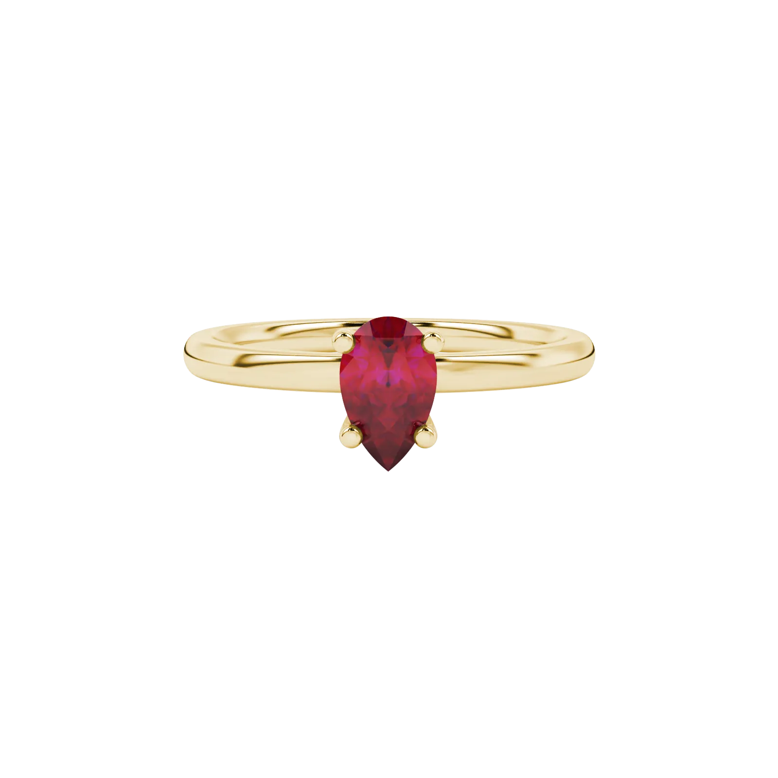 Close-up, pear shape raspberry red gemstone, yellow gold four-prong ring.