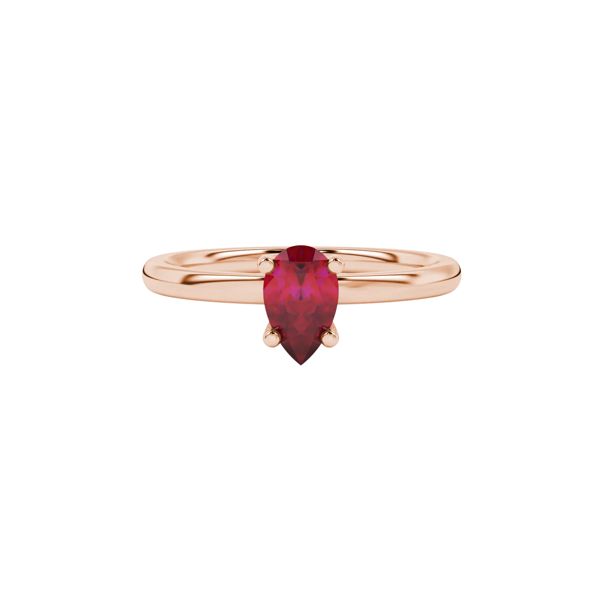 Close-up, pear shape raspberry red gemstone ring, rose gold four-prong setting.