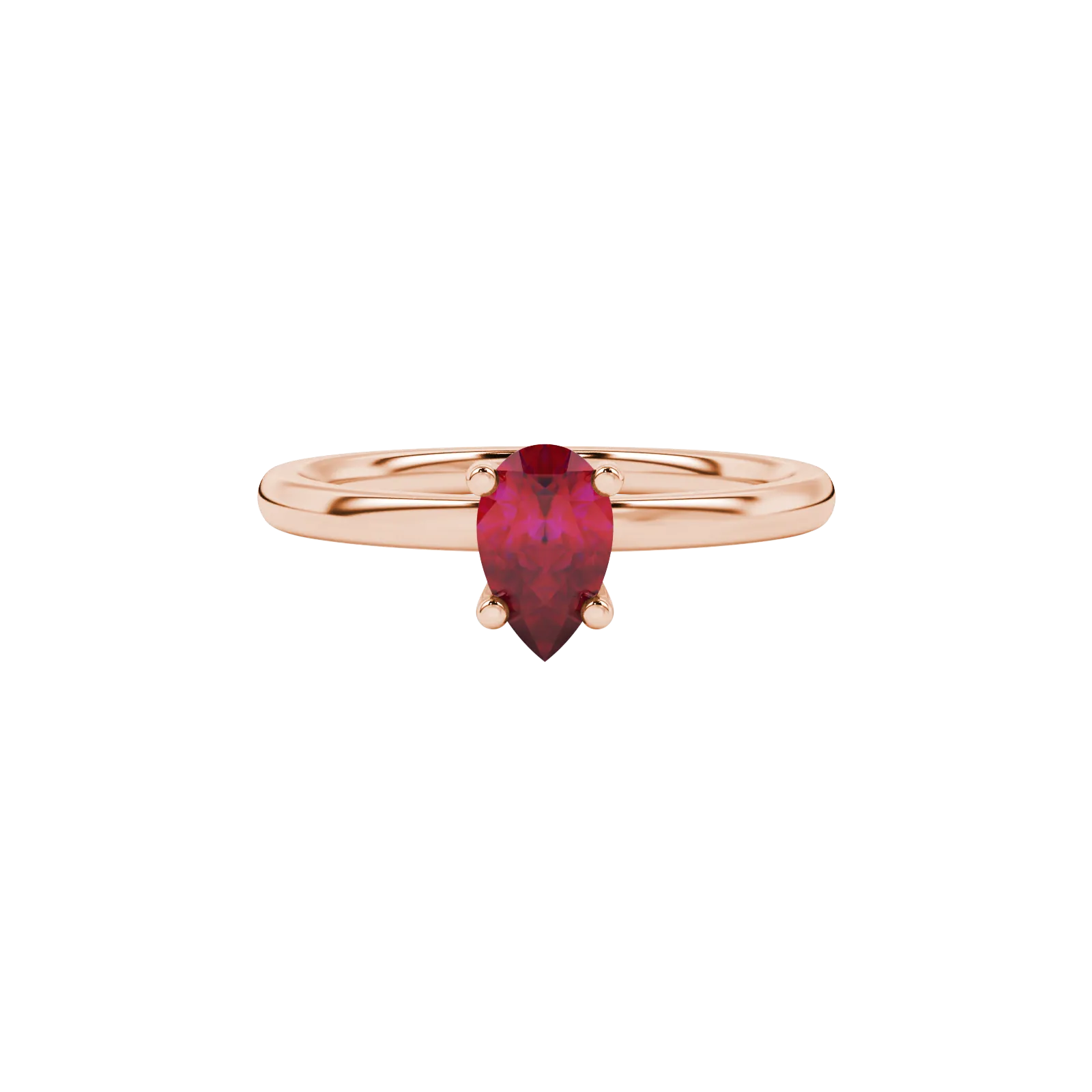Close-up, pear shape raspberry red gemstone ring, rose gold four-prong setting.