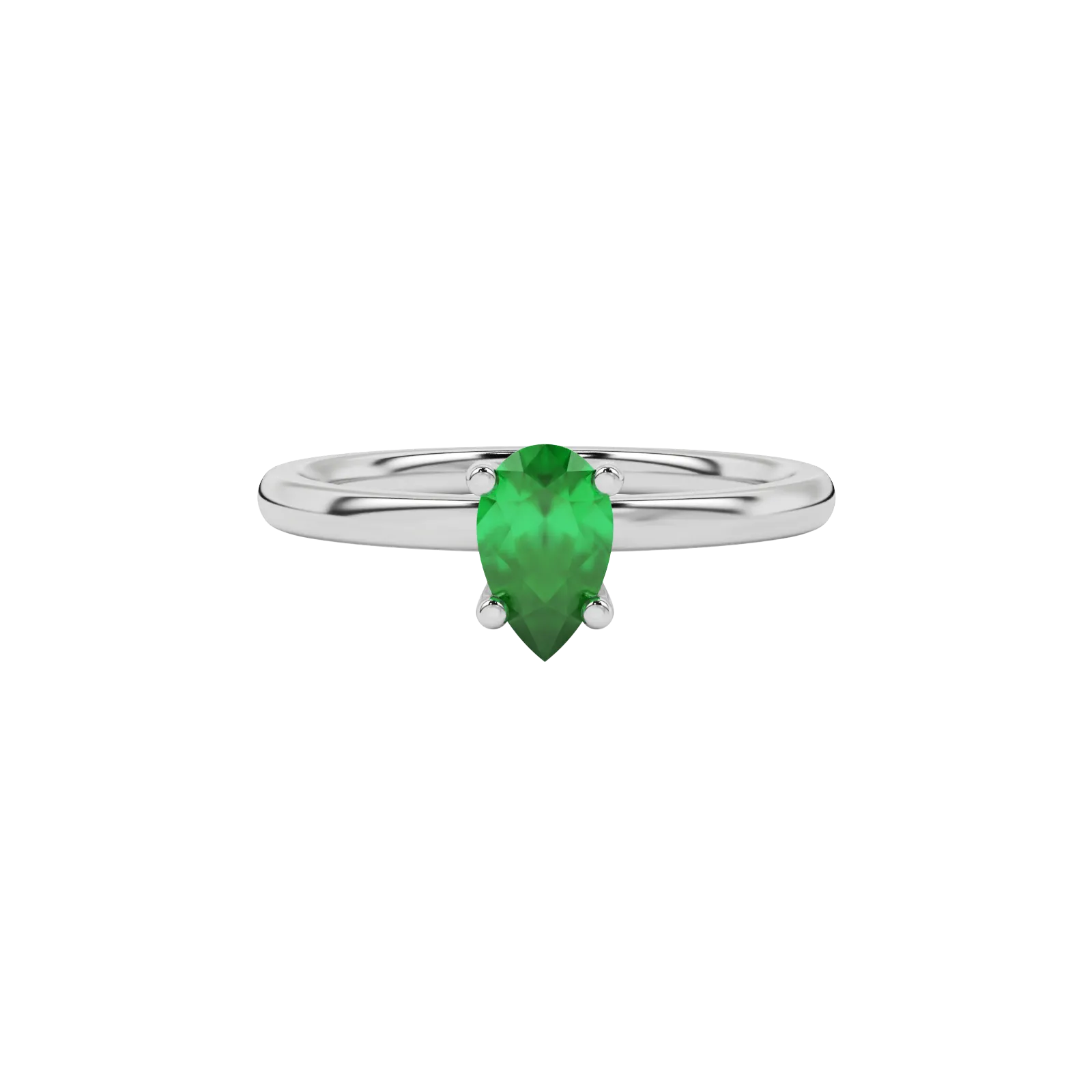 Close-up emerald green gemstone ring, white gold four-prong setting.
