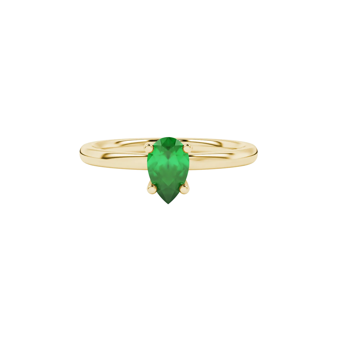 Close-up, pear shape emerald green gemstone, yellow gold four-prong ring.