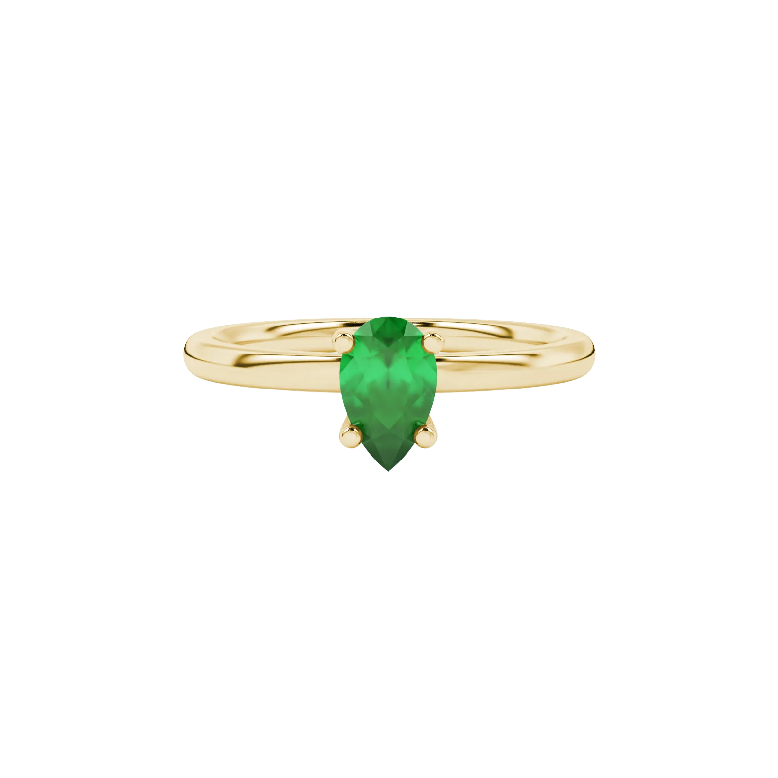 Close-up, pear shape emerald green gemstone, yellow gold four-prong ring.