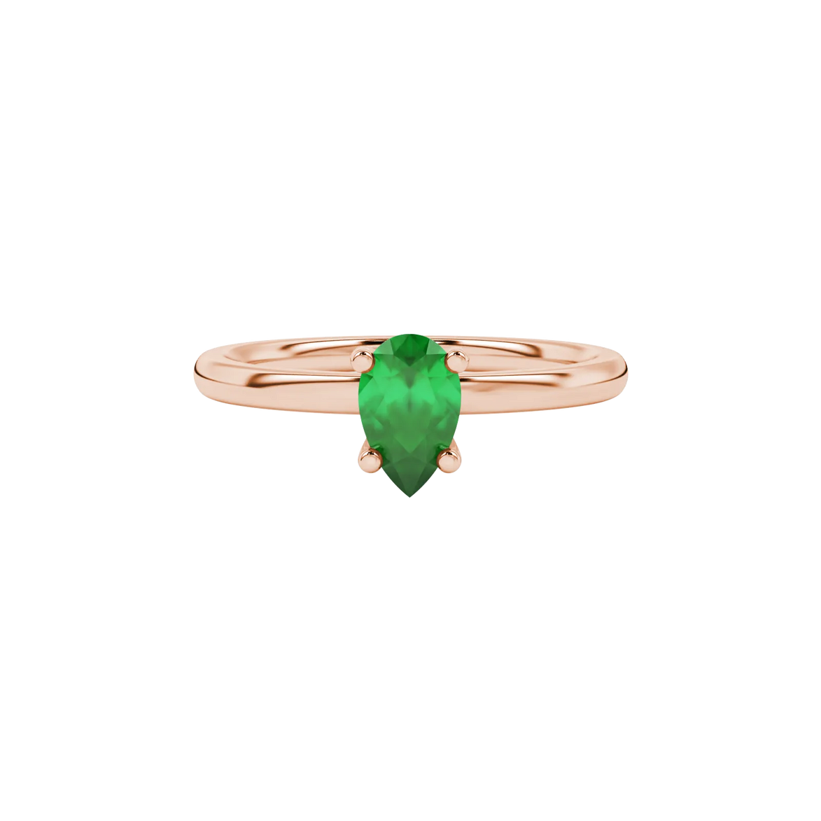 Close-up, pear shape emerald green gemstone ring, rose gold four-prong setting.