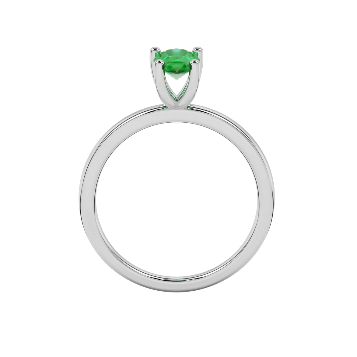 Pear shape emerald green gemstone ring, white gold four-prong setting.