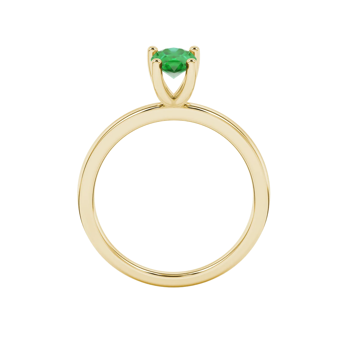 Pear shape emerald green gemstone ring, yellow gold four-prong setting.