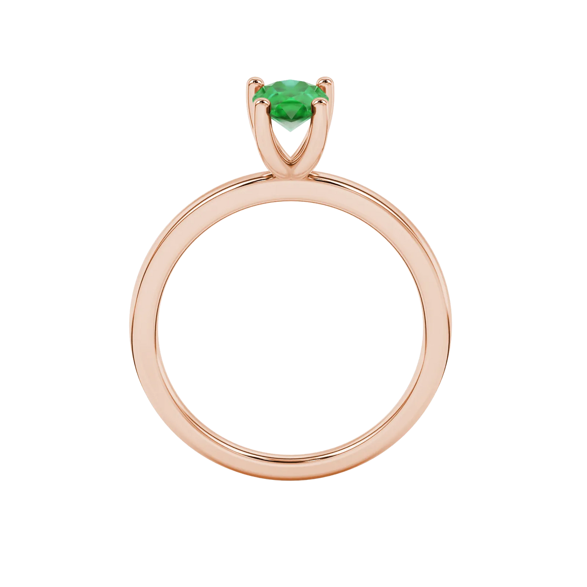 Pear shape emerald green gemstone ring, rose gold four-prong setting.