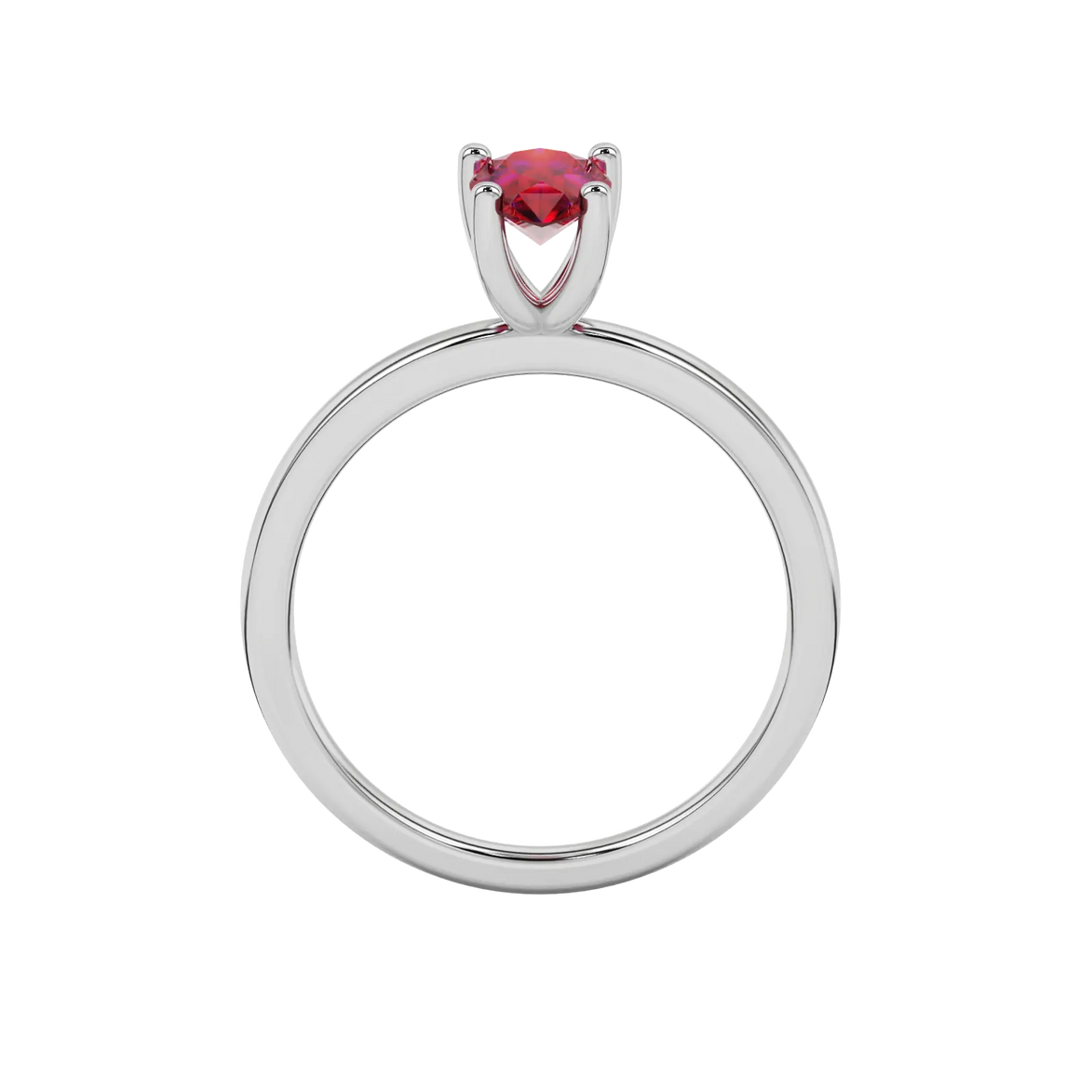 Pear shape raspberry red gemstone ring, white gold four-prong setting.