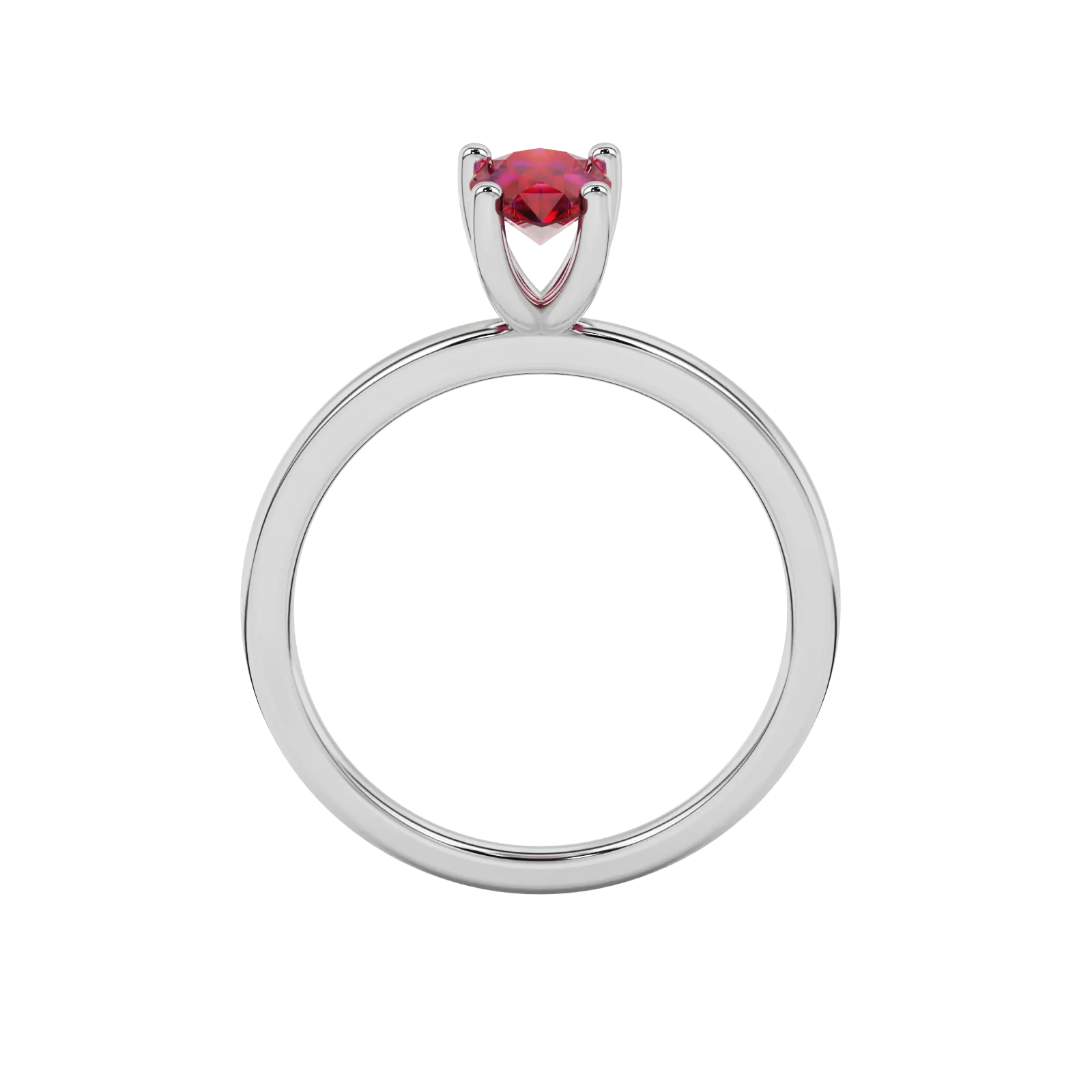 Pear shape raspberry red gemstone ring, white gold four-prong setting.