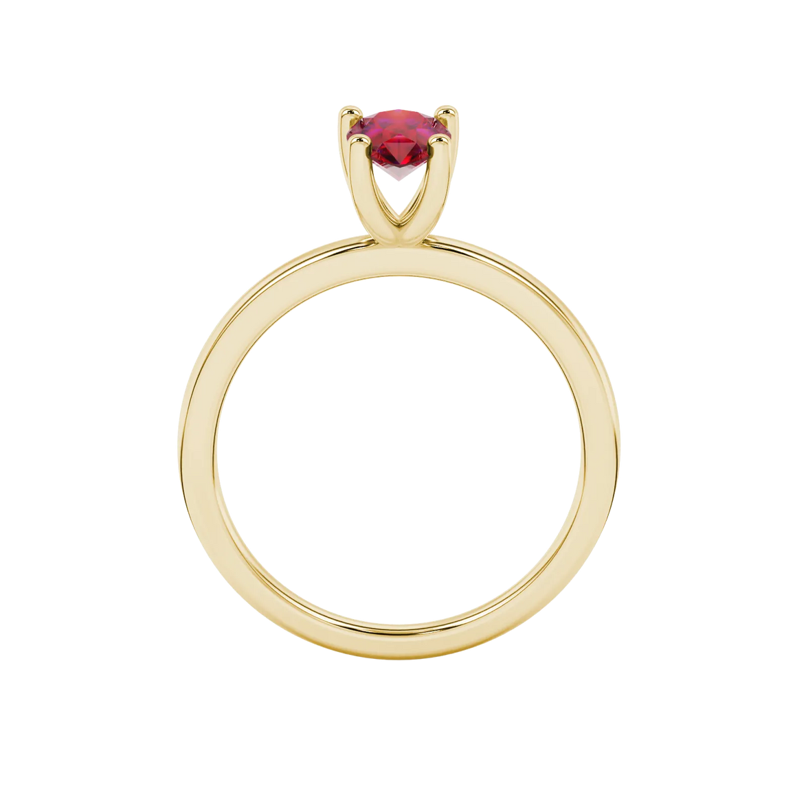 Pear shape raspberry red gemstone ring, yellow gold four-prong setting.