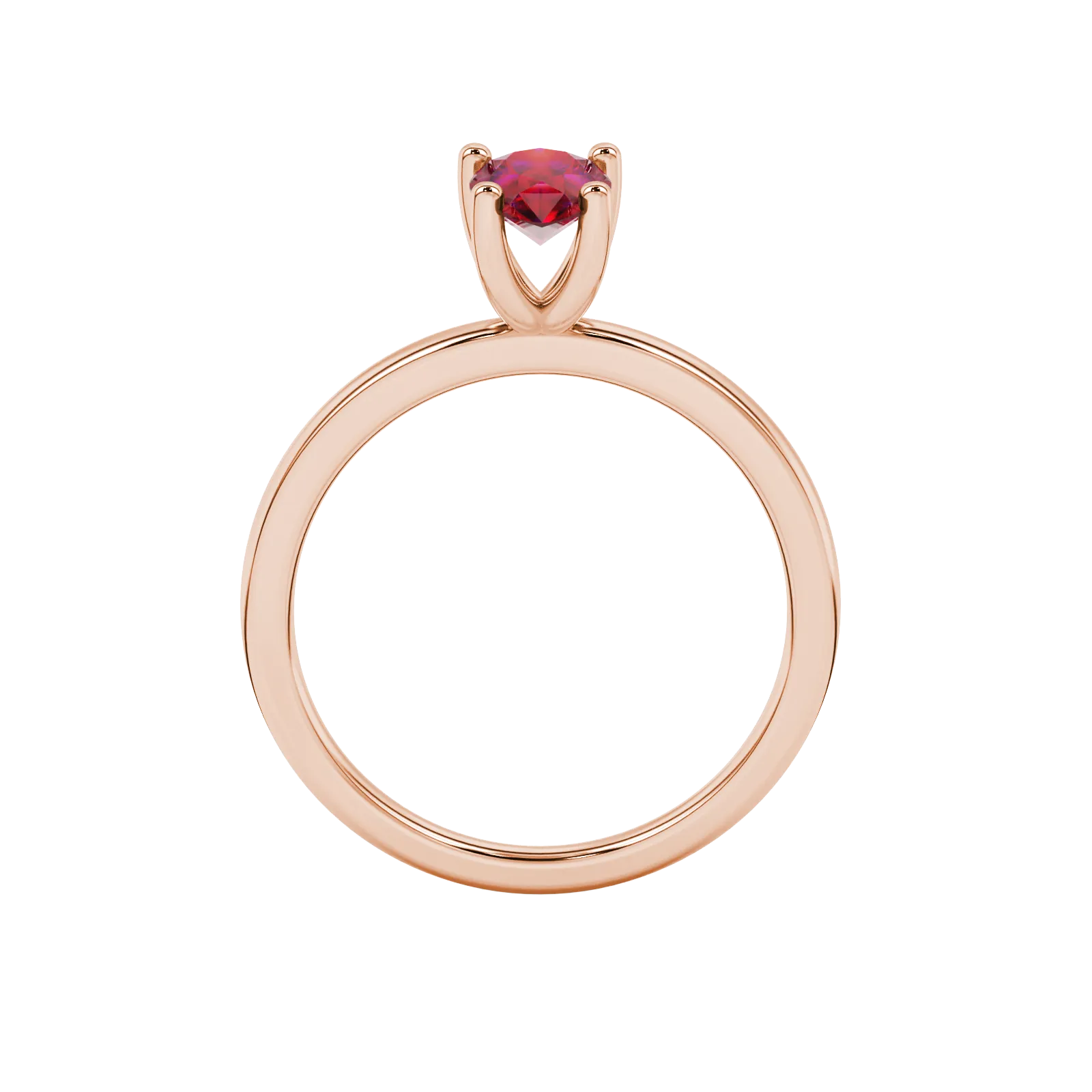 Pear shape raspberry red gemstone ring, rose gold four-prong setting.