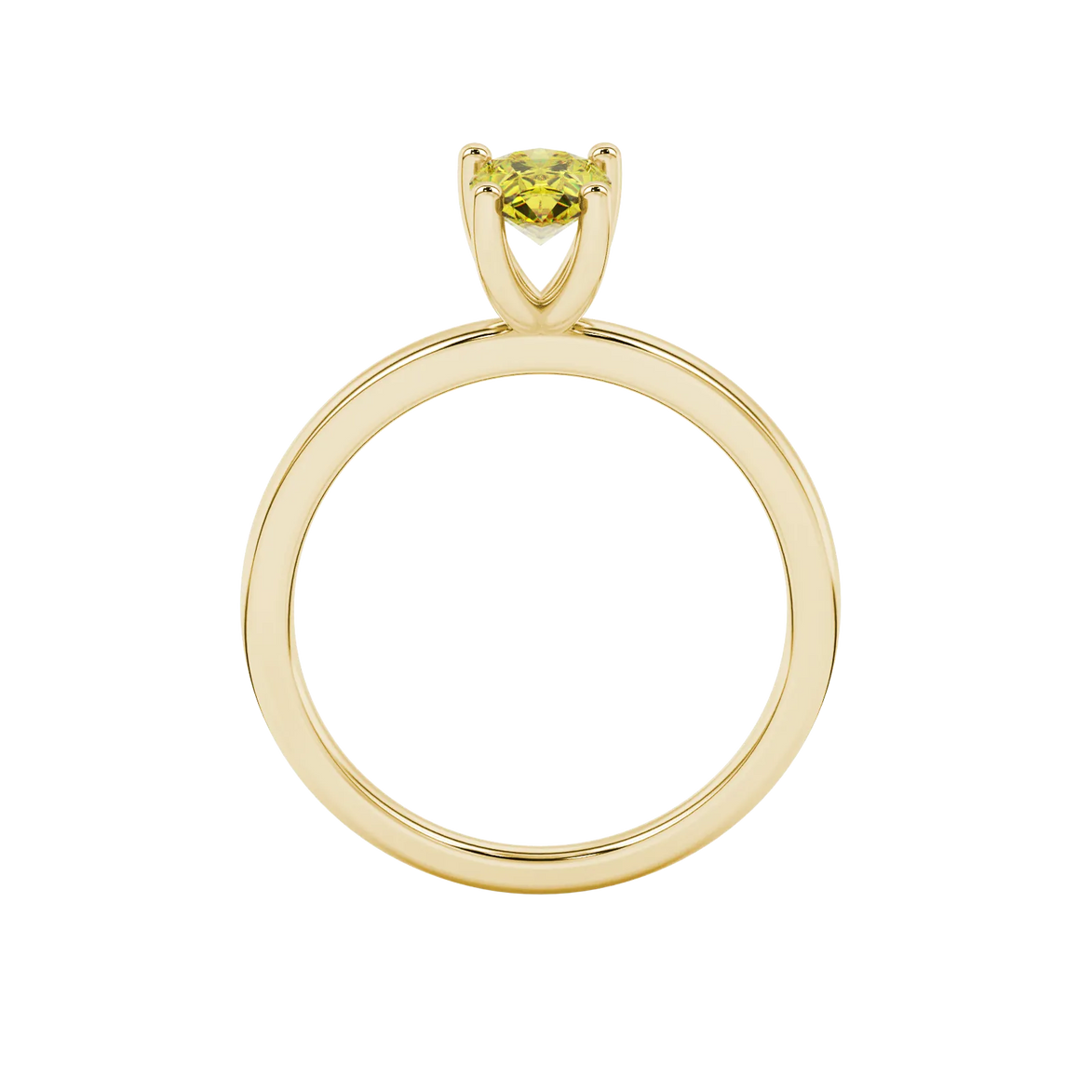 Pear shape canary yellow gemstone ring, yellow gold four-prong setting.