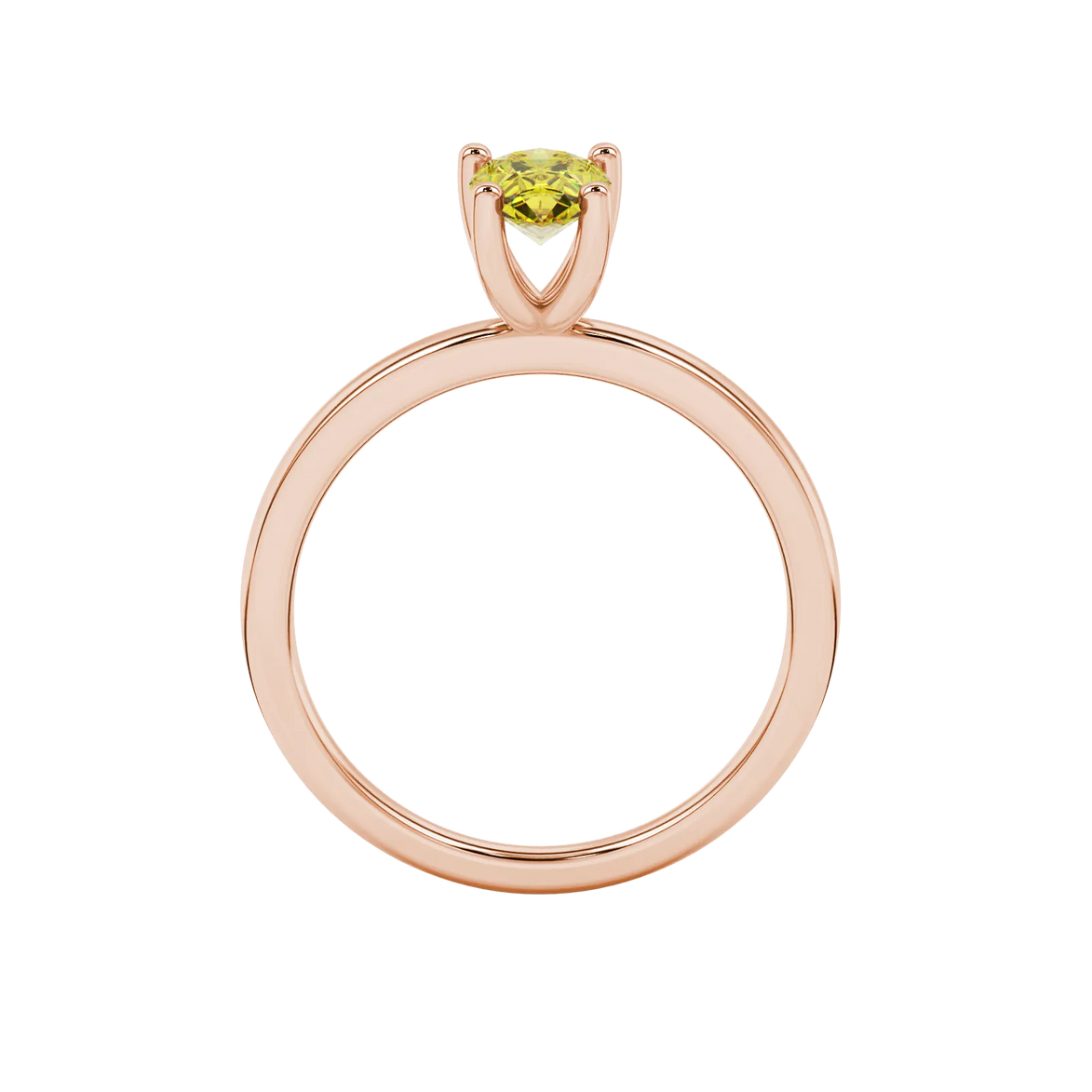 Pear shape canary yellow gemstone ring, rose gold four-prong setting.