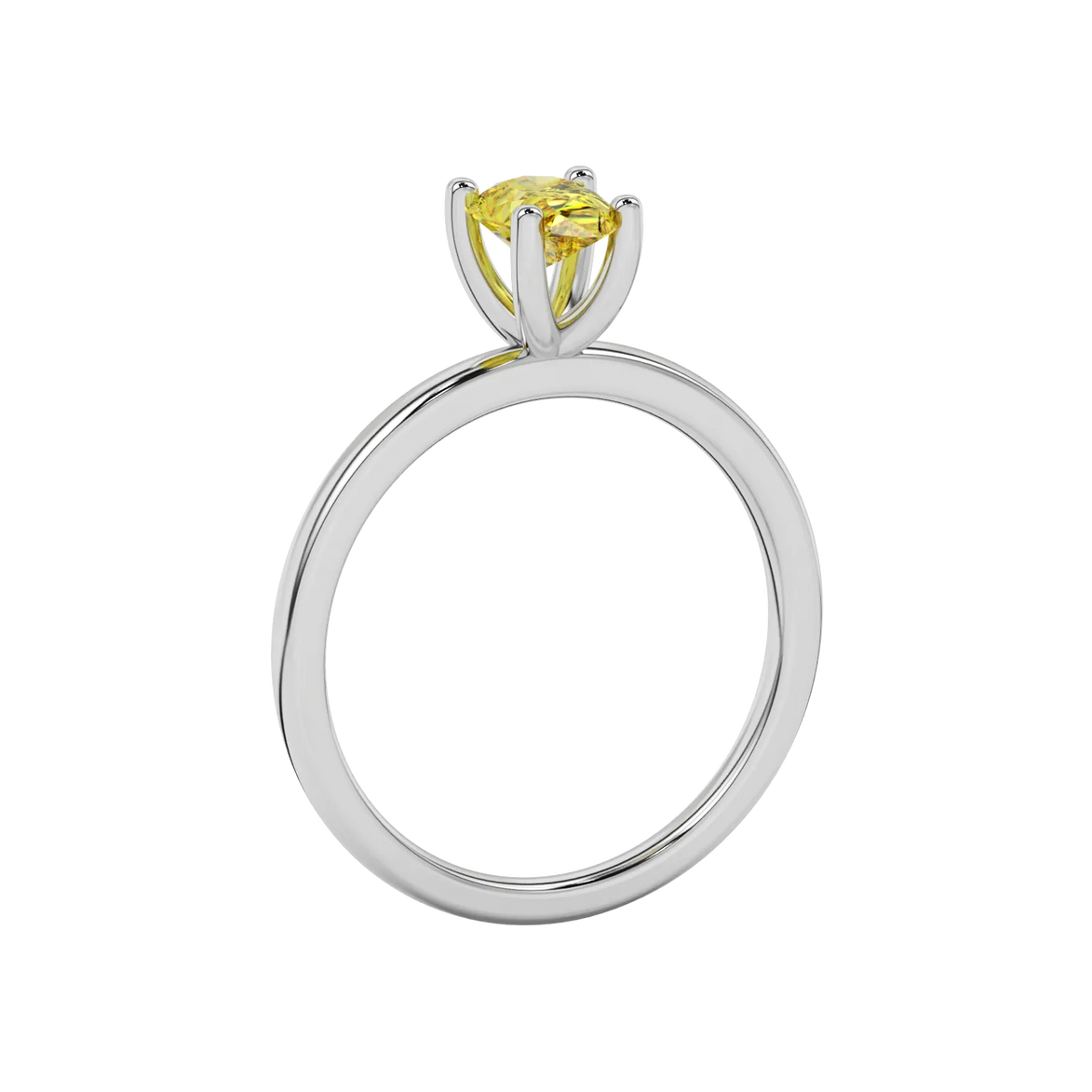 Side profile, white gold canary yellow ring, four-prong gallery.