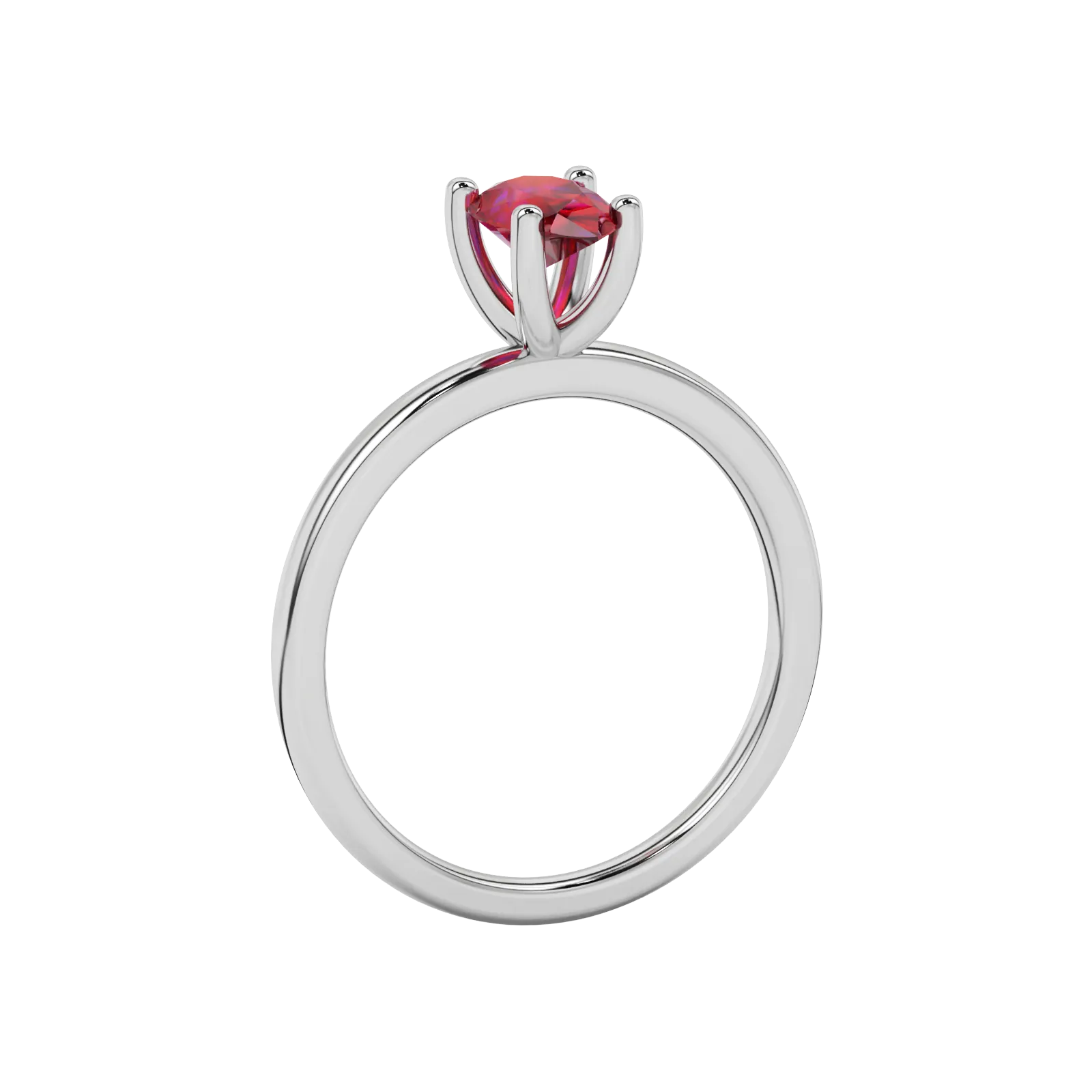 Side profile, white gold raspberry red ring, four-prong gallery.