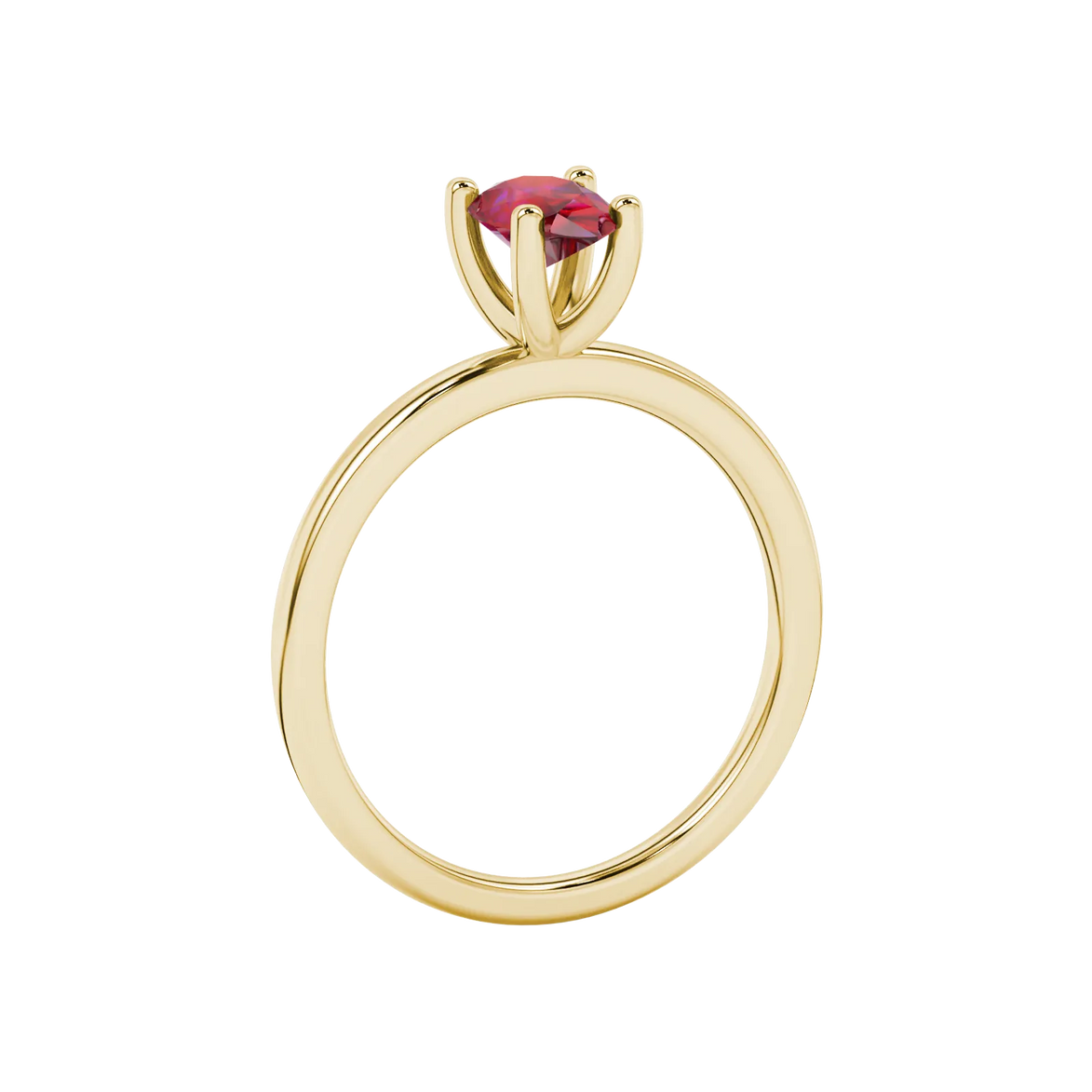 Side profile, yellow gold raspberry red ring, four-prong gallery.