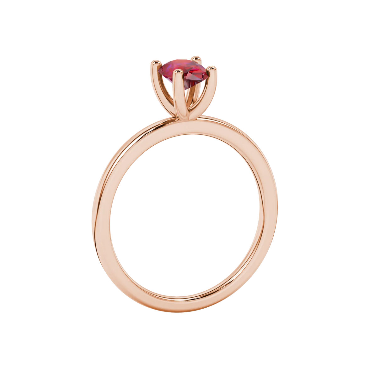 Side profile, rose gold raspberry red ring, four-prong gallery.