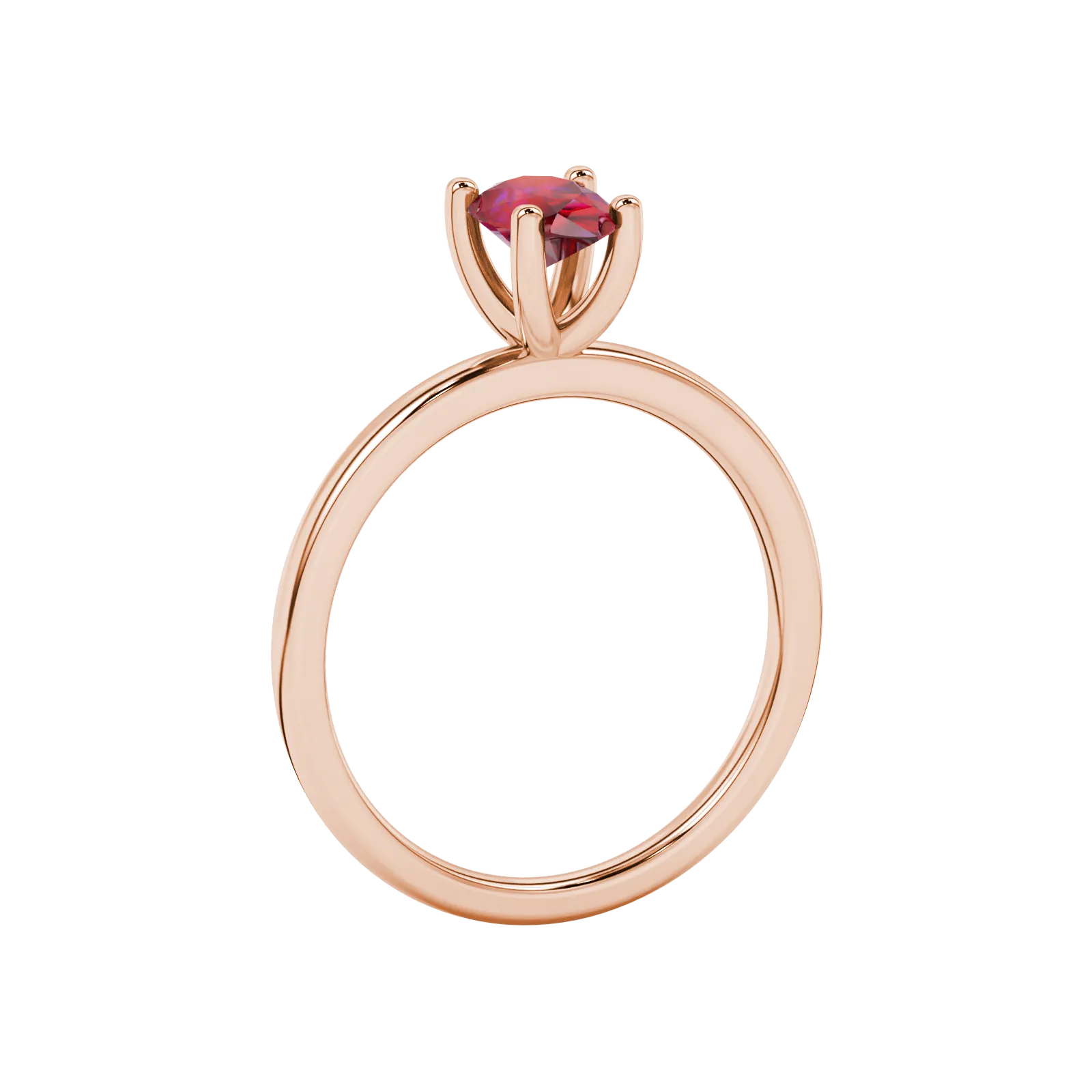 Side profile, rose gold raspberry red ring, four-prong gallery.