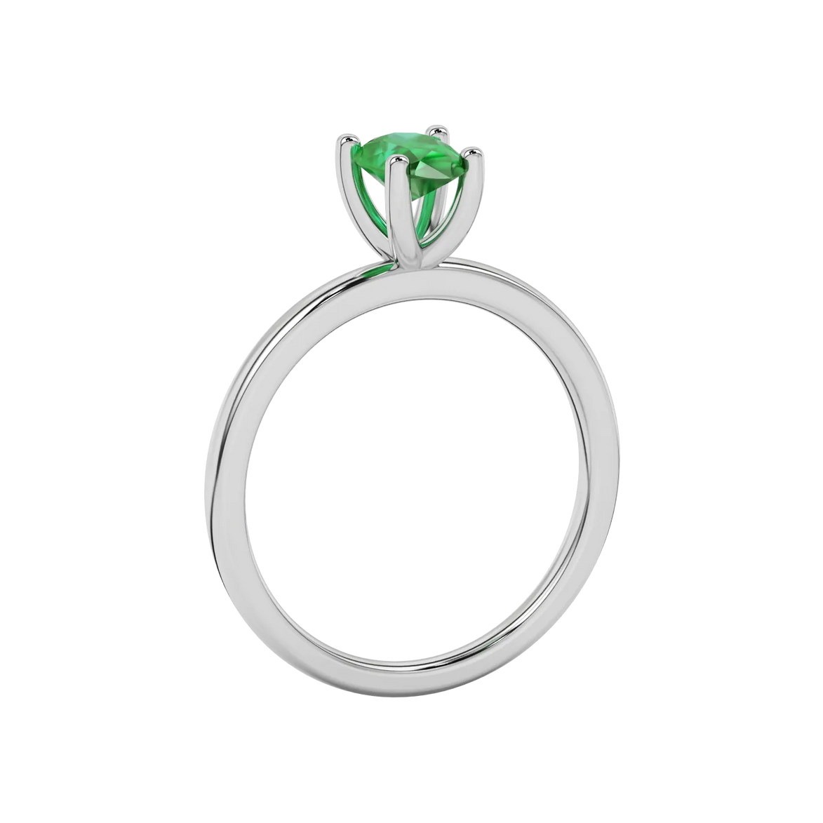 Side profile, white gold emerald green ring, four-prong gallery.