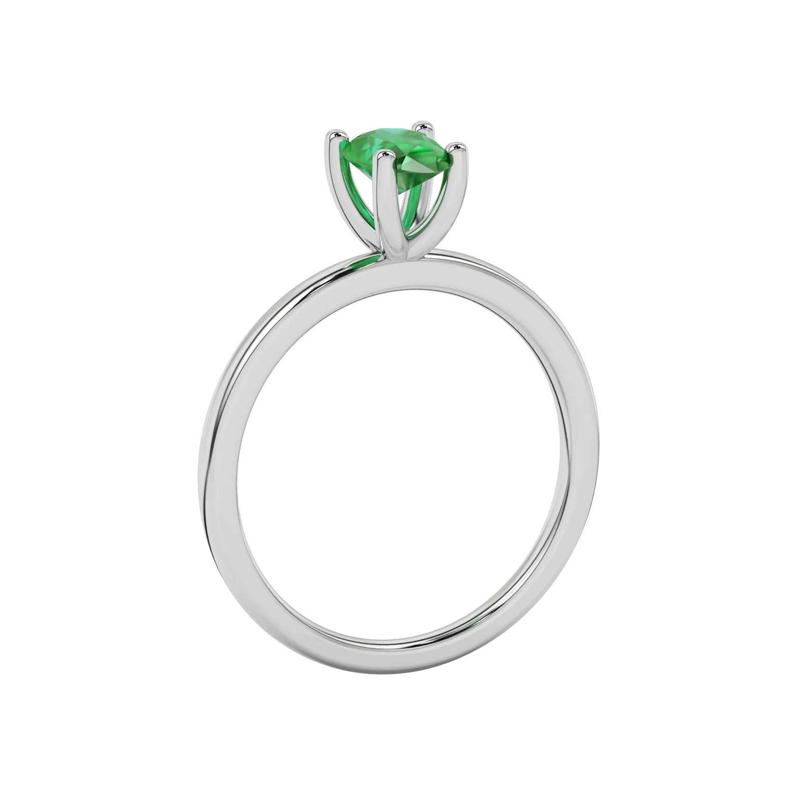 Side profile, white gold emerald green ring, four-prong gallery.