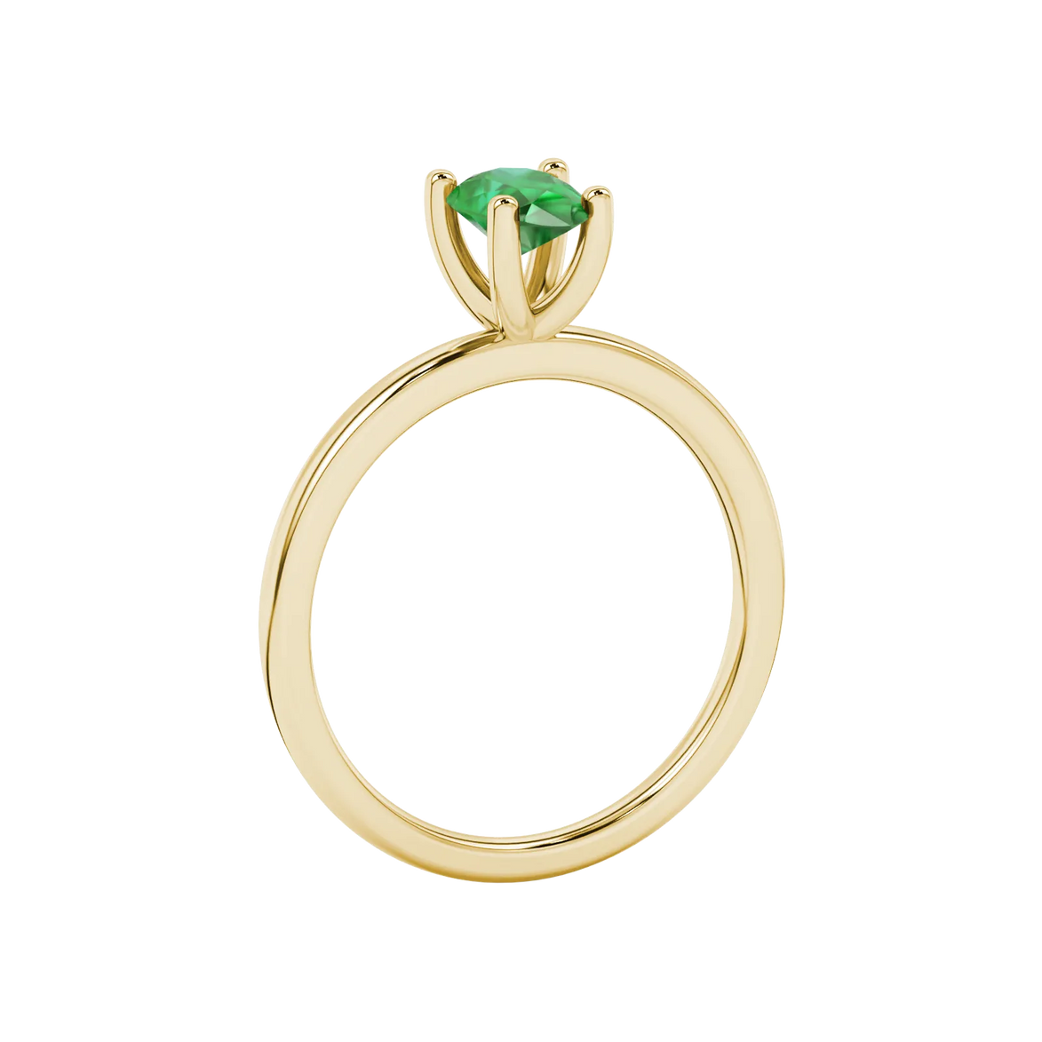 Side profile, yellow gold emerald green ring, four-prong gallery.
