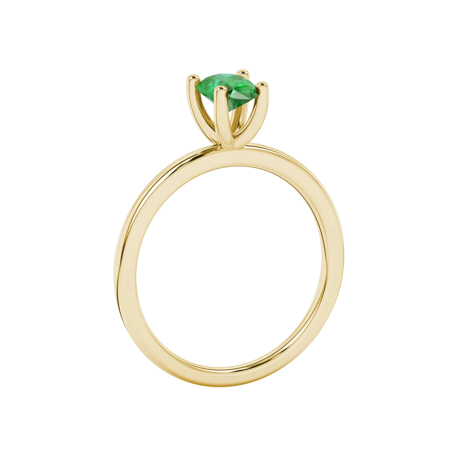 Side profile, yellow gold emerald green ring, four-prong gallery.