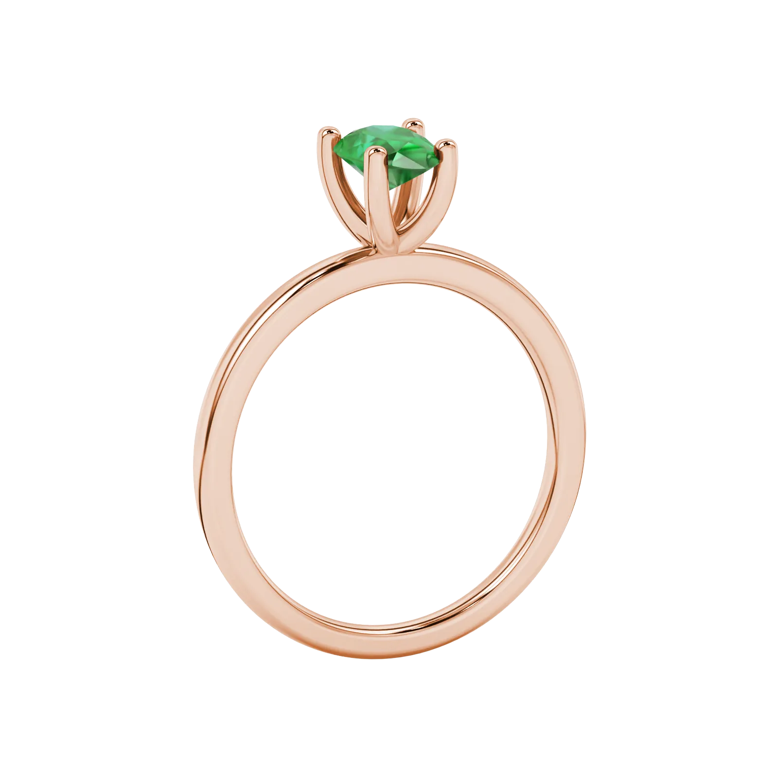 Side profile, rose gold emerald green ring, four-prong gallery.