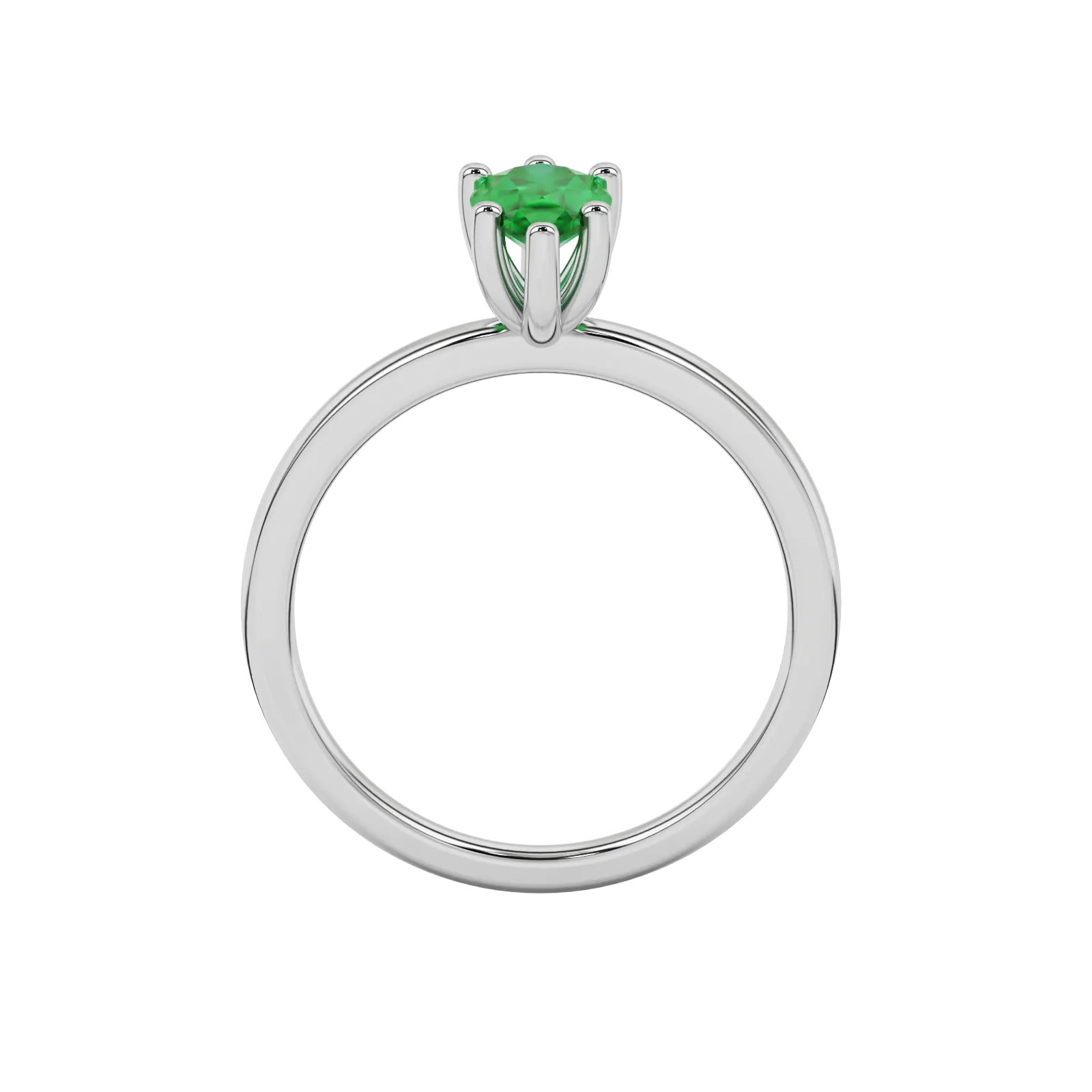 Pear shape emerald green gemstone ring, white gold six-prong setting.