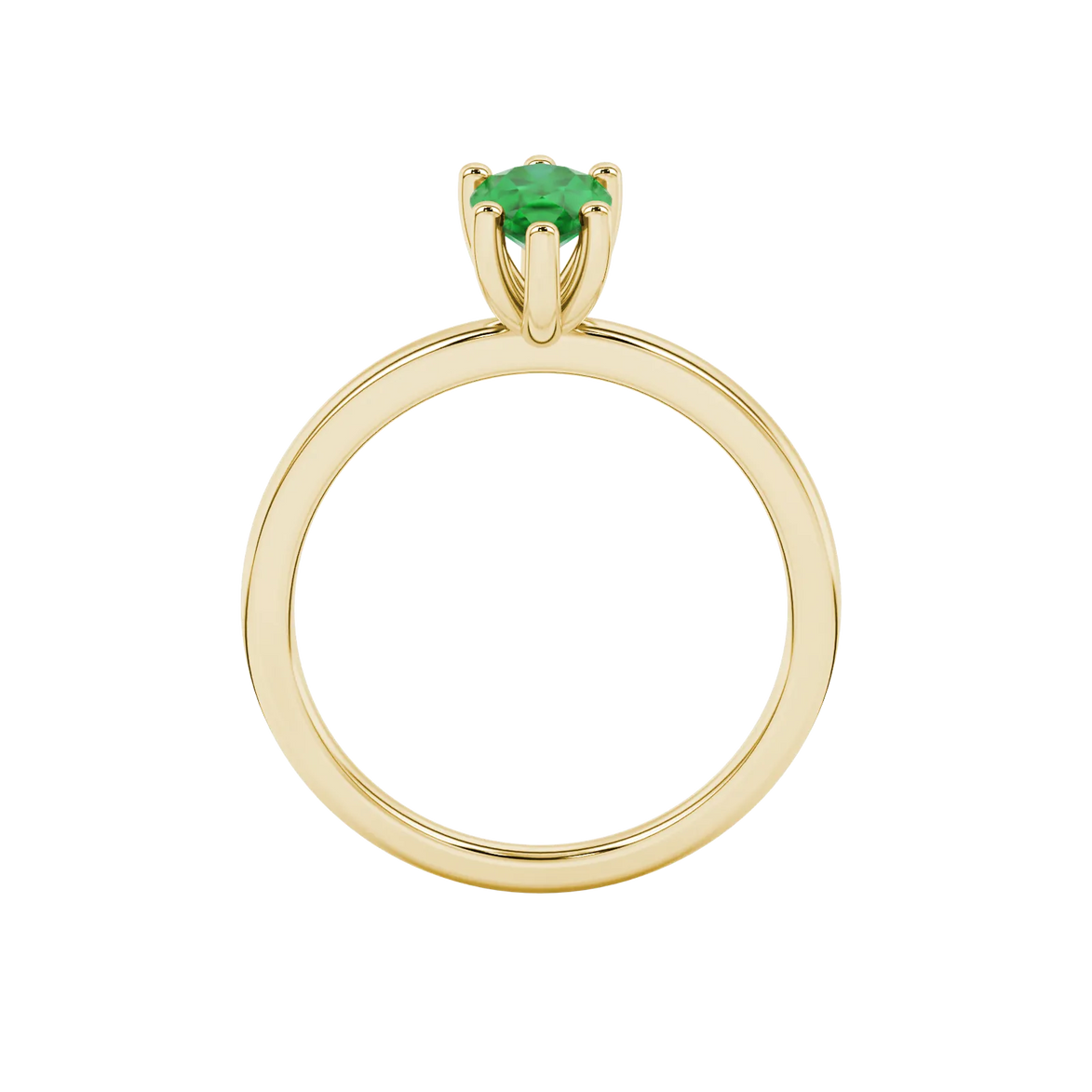 Pear shape emerald green gemstone ring, yellow gold six-prong setting.