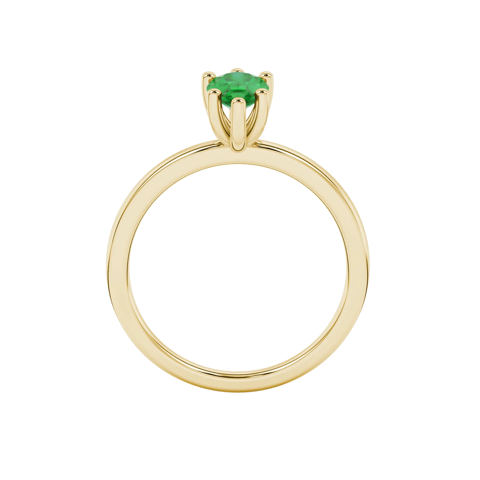 Pear shape emerald green gemstone ring, yellow gold six-prong setting.