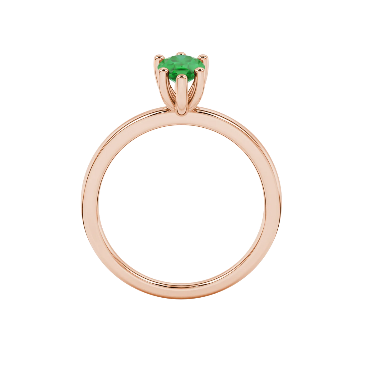 Pear shape emerald green gemstone ring, rose gold six-prong setting.