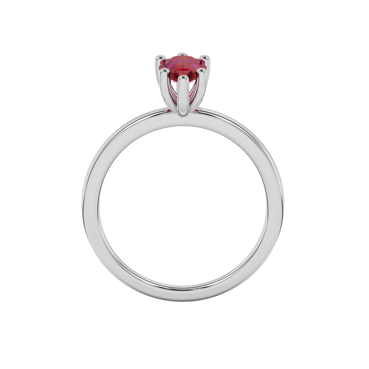 Pear shape raspberry red gemstone ring, white gold six-prong setting.