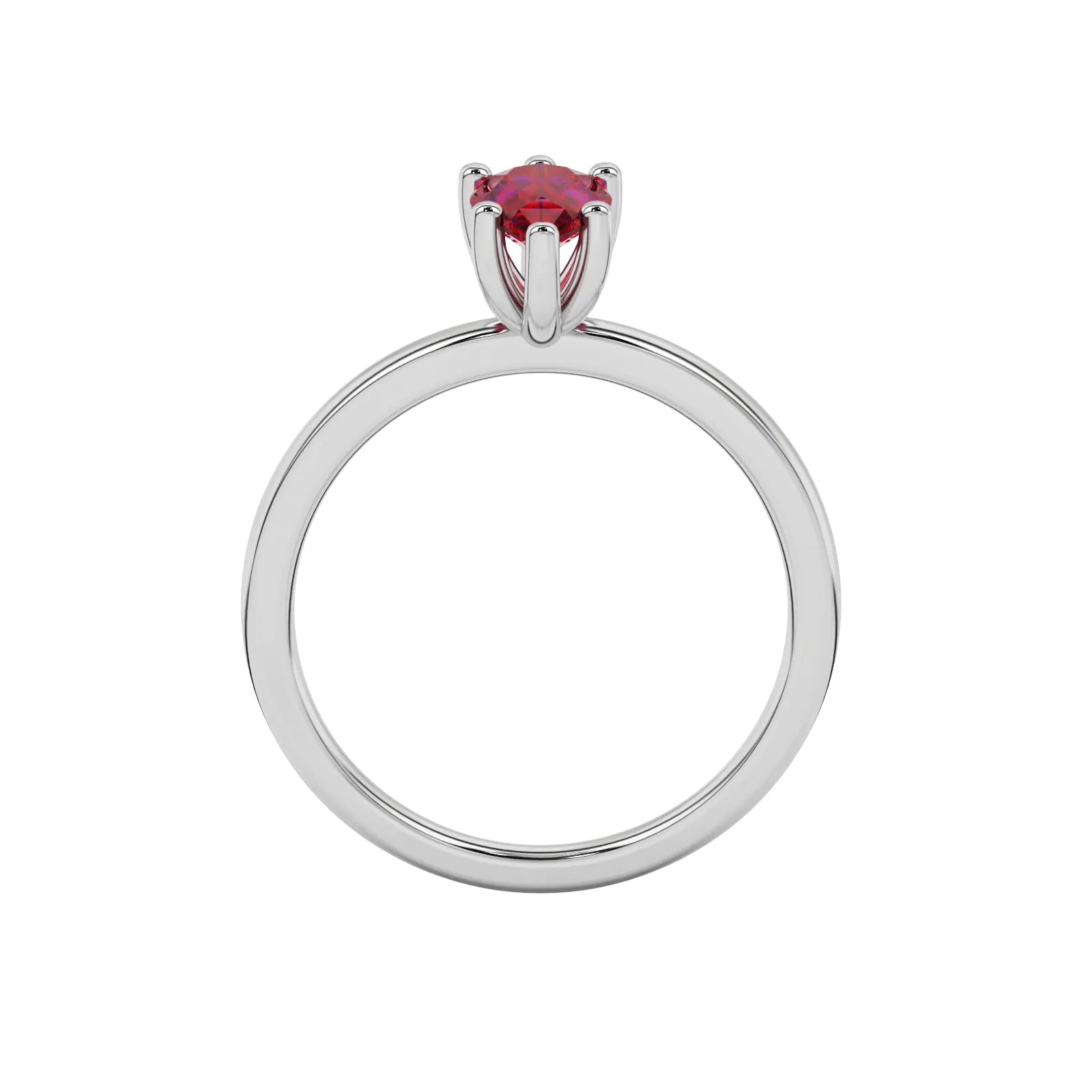 Pear shape raspberry red gemstone ring, white gold six-prong setting.