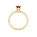 Pear shape raspberry red gemstone ring, yellow gold six-prong setting.