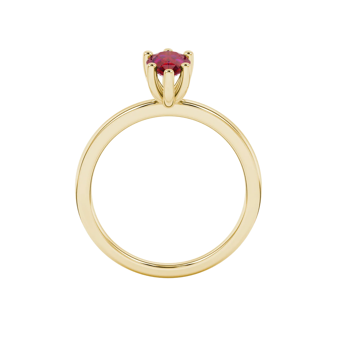 Pear shape raspberry red gemstone ring, yellow gold six-prong setting.