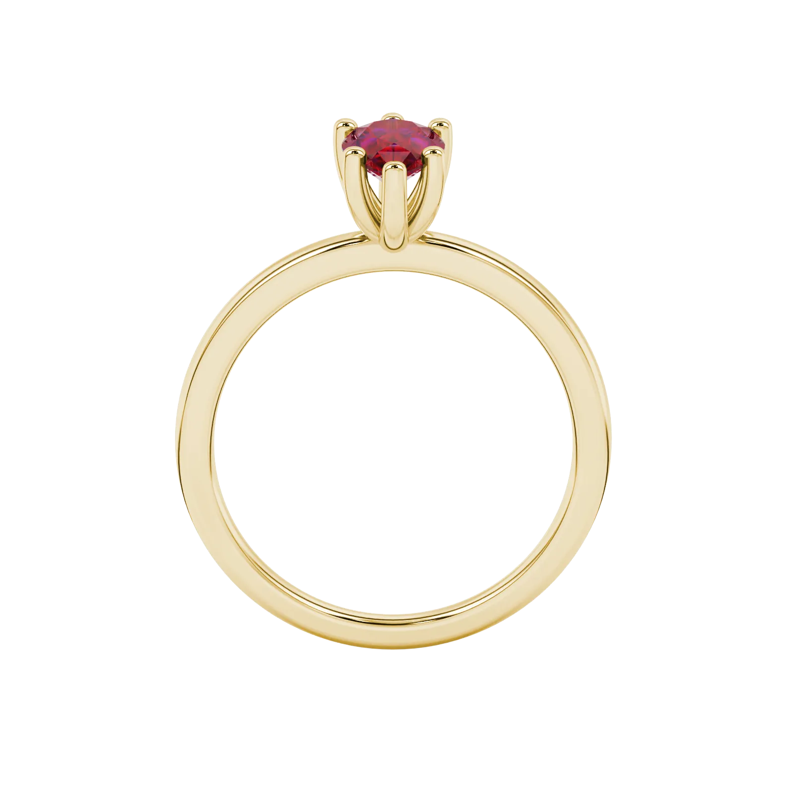 Pear shape raspberry red gemstone ring, yellow gold six-prong setting.