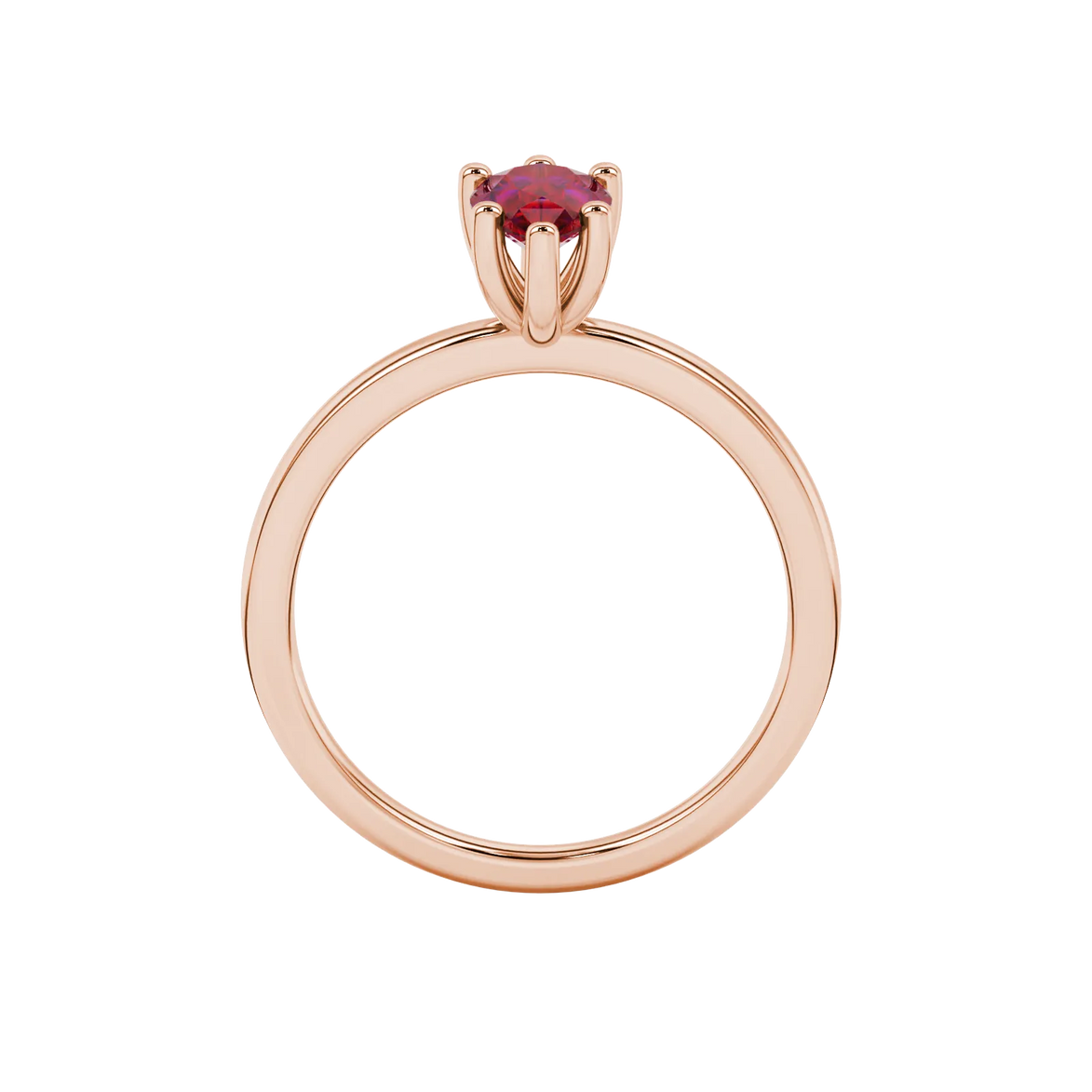 Pear shape raspberry red gemstone ring, rose gold six-prong setting.