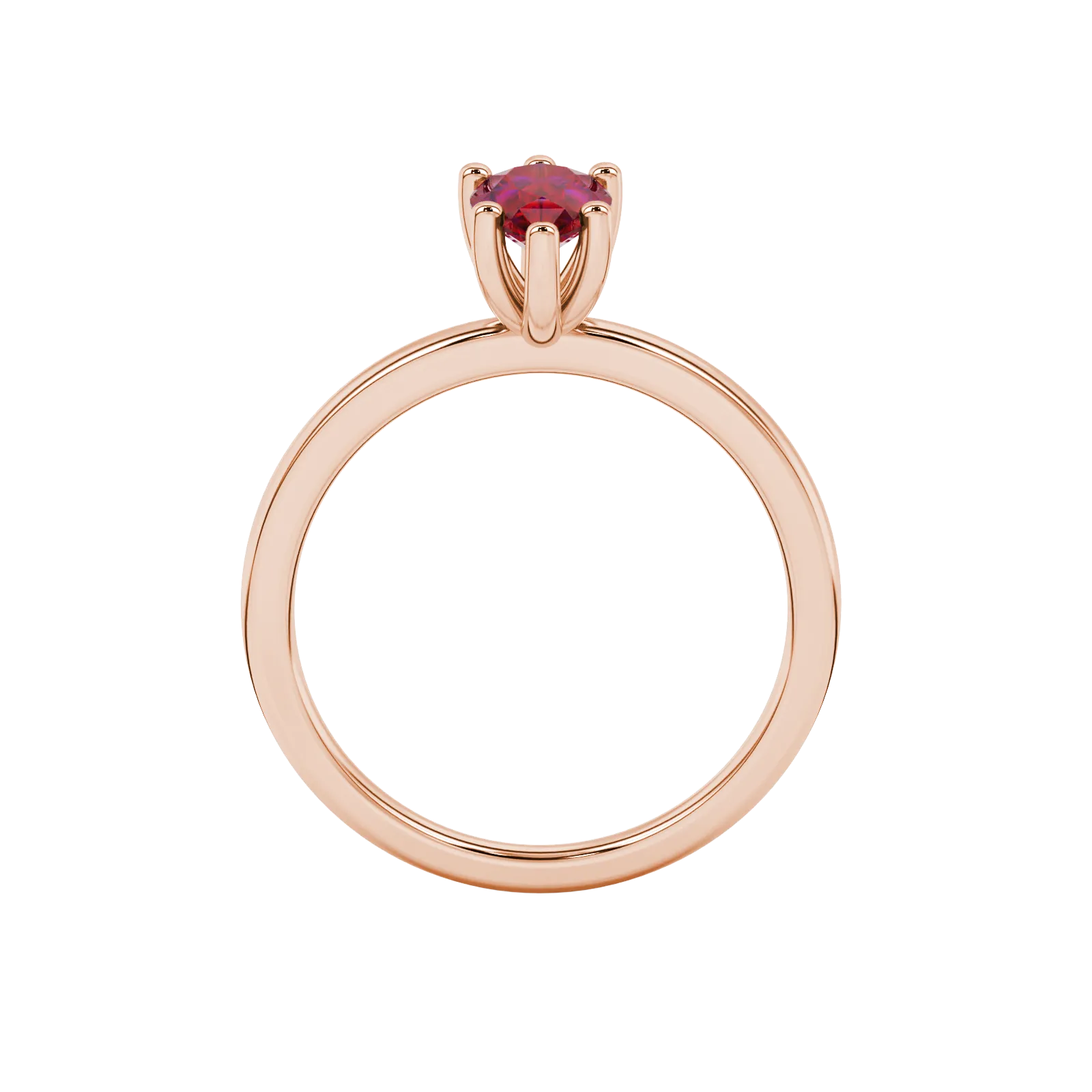 Pear shape raspberry red gemstone ring, rose gold six-prong setting.