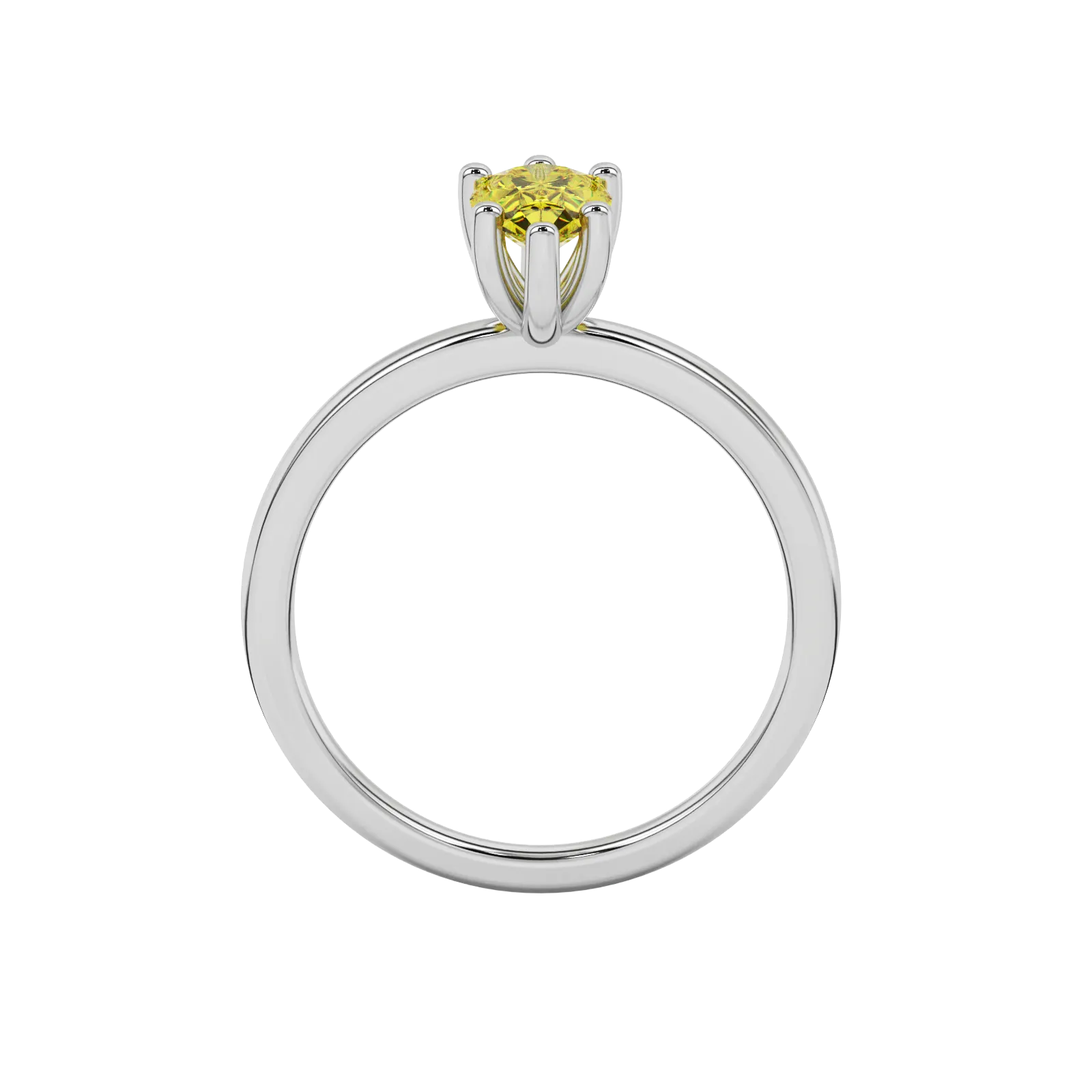 Pear shape canary yellow gemstone ring, white gold six-prong setting.