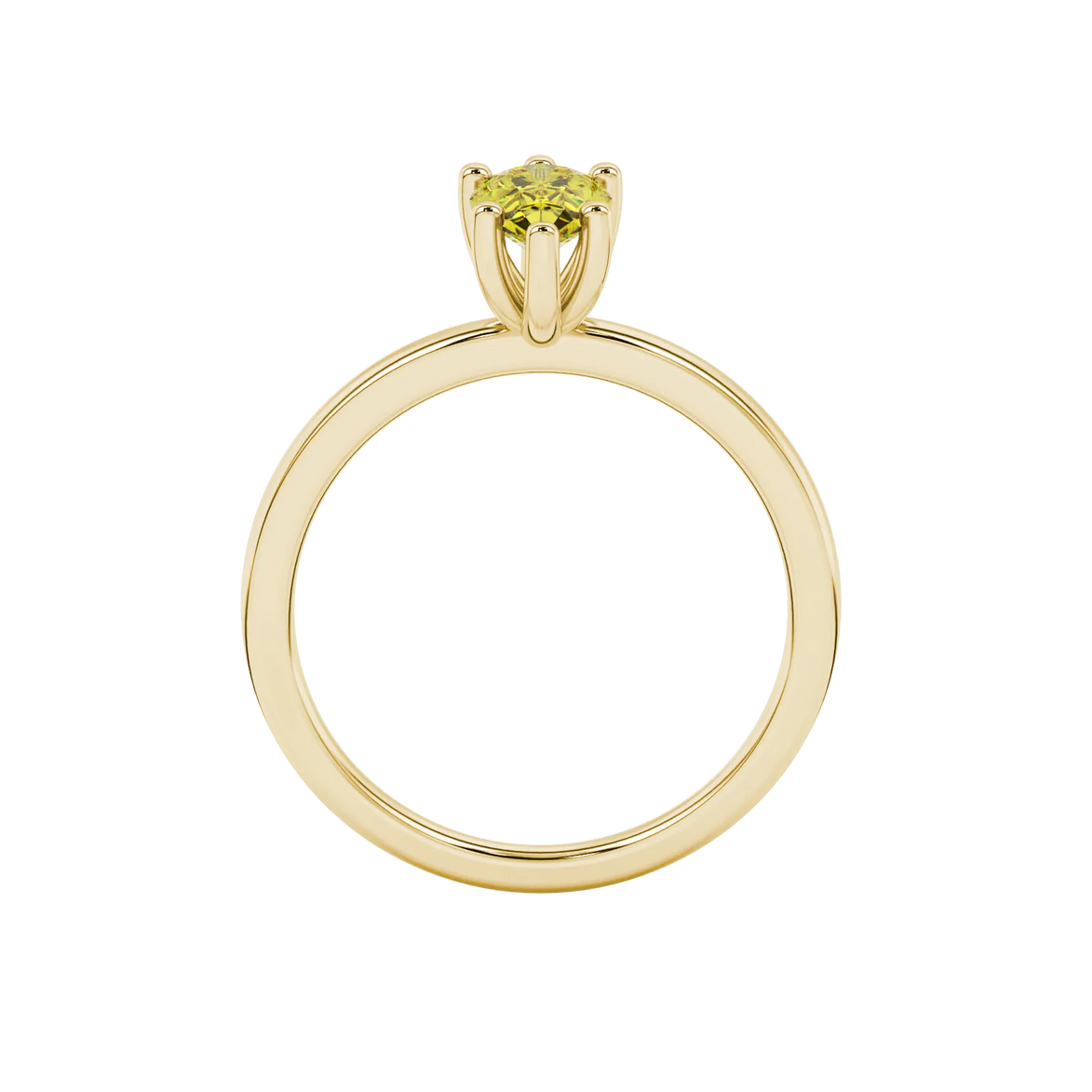 Pear shape canary yellow gemstone ring, yellow gold six-prong setting.