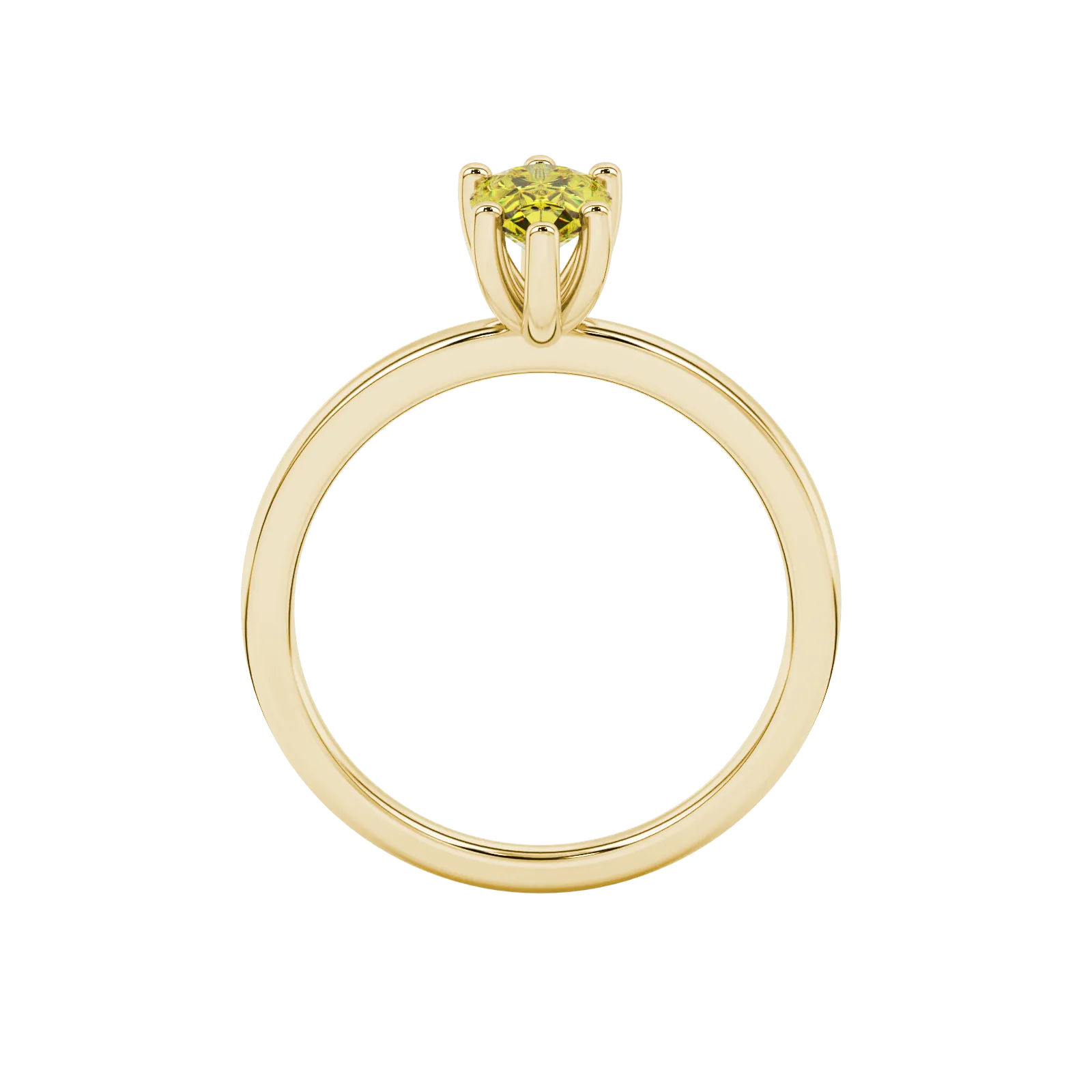 Pear shape canary yellow gemstone ring, yellow gold six-prong setting.