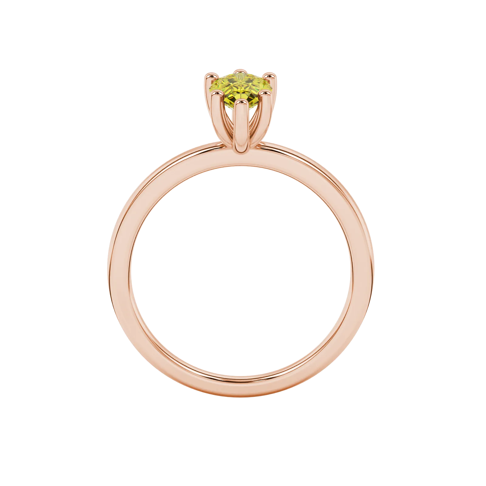 Pear shape canary yellow gemstone ring, rose gold six-prong setting.