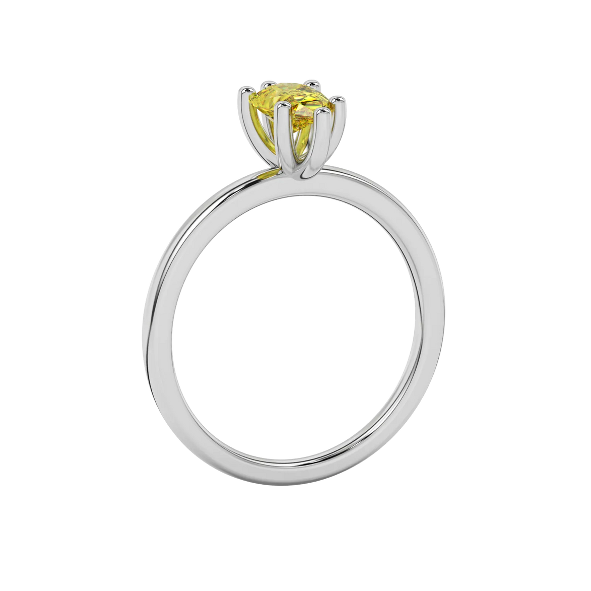 Side profile, white gold canary yellow ring, six-prong gallery.