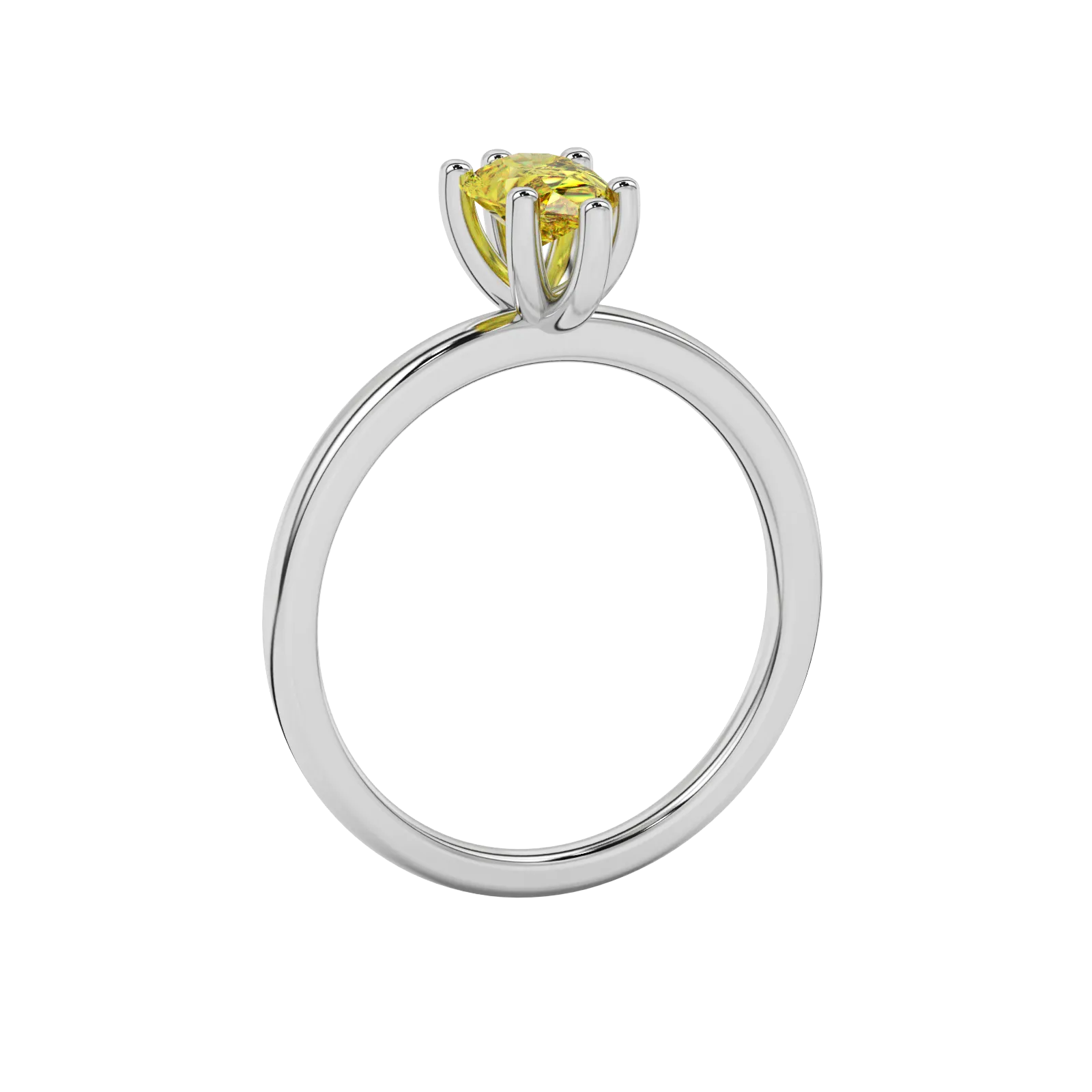 Side profile, white gold canary yellow ring, six-prong gallery.